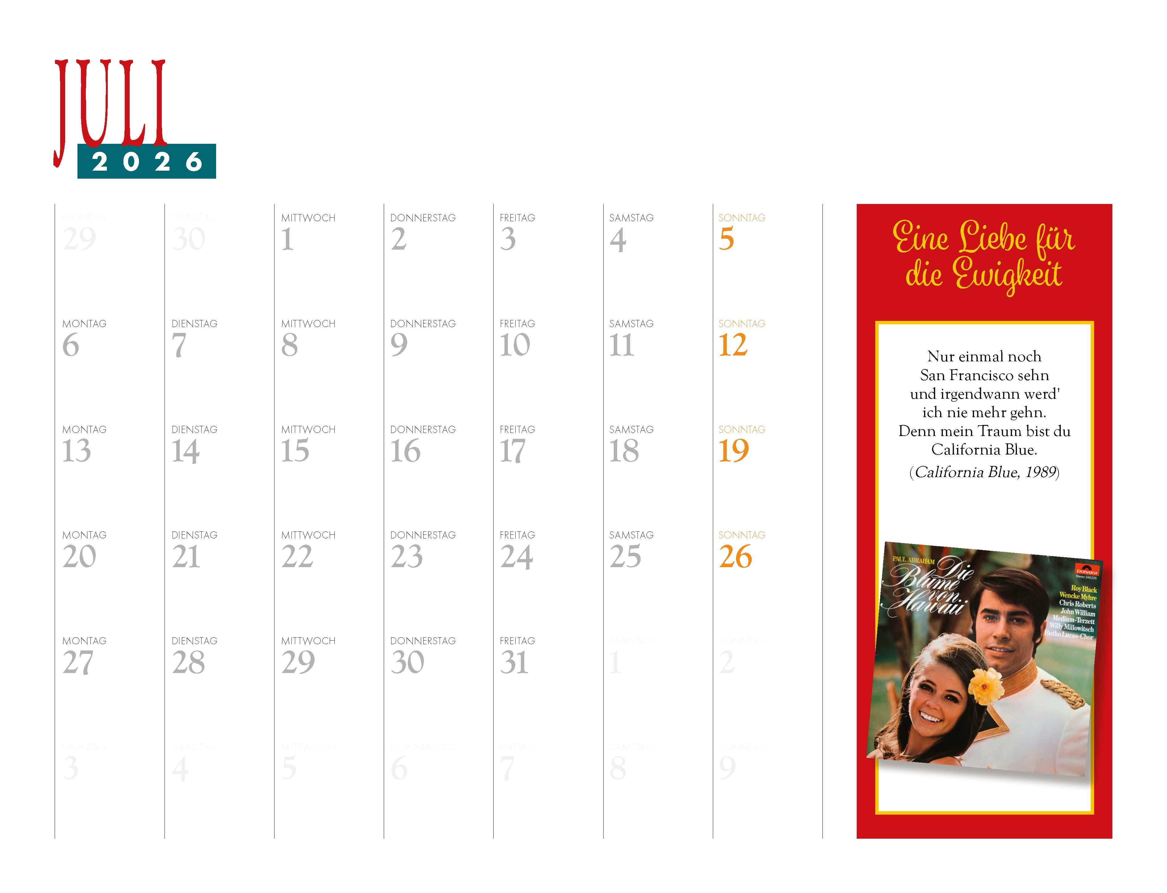 Beispielinhalt (Bild) Roy Black Kalender 2026