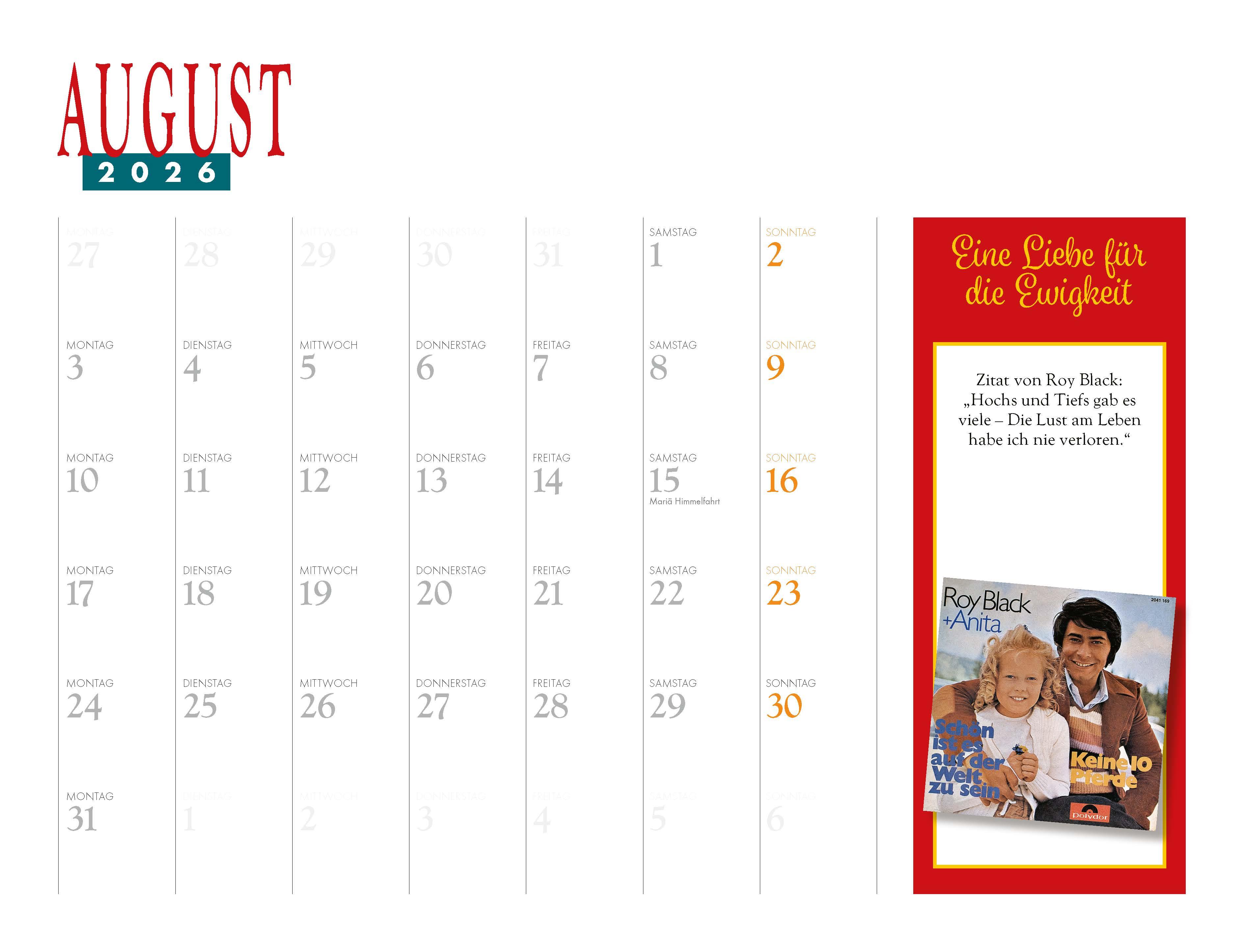 Beispielinhalt (Bild) Roy Black Kalender 2026