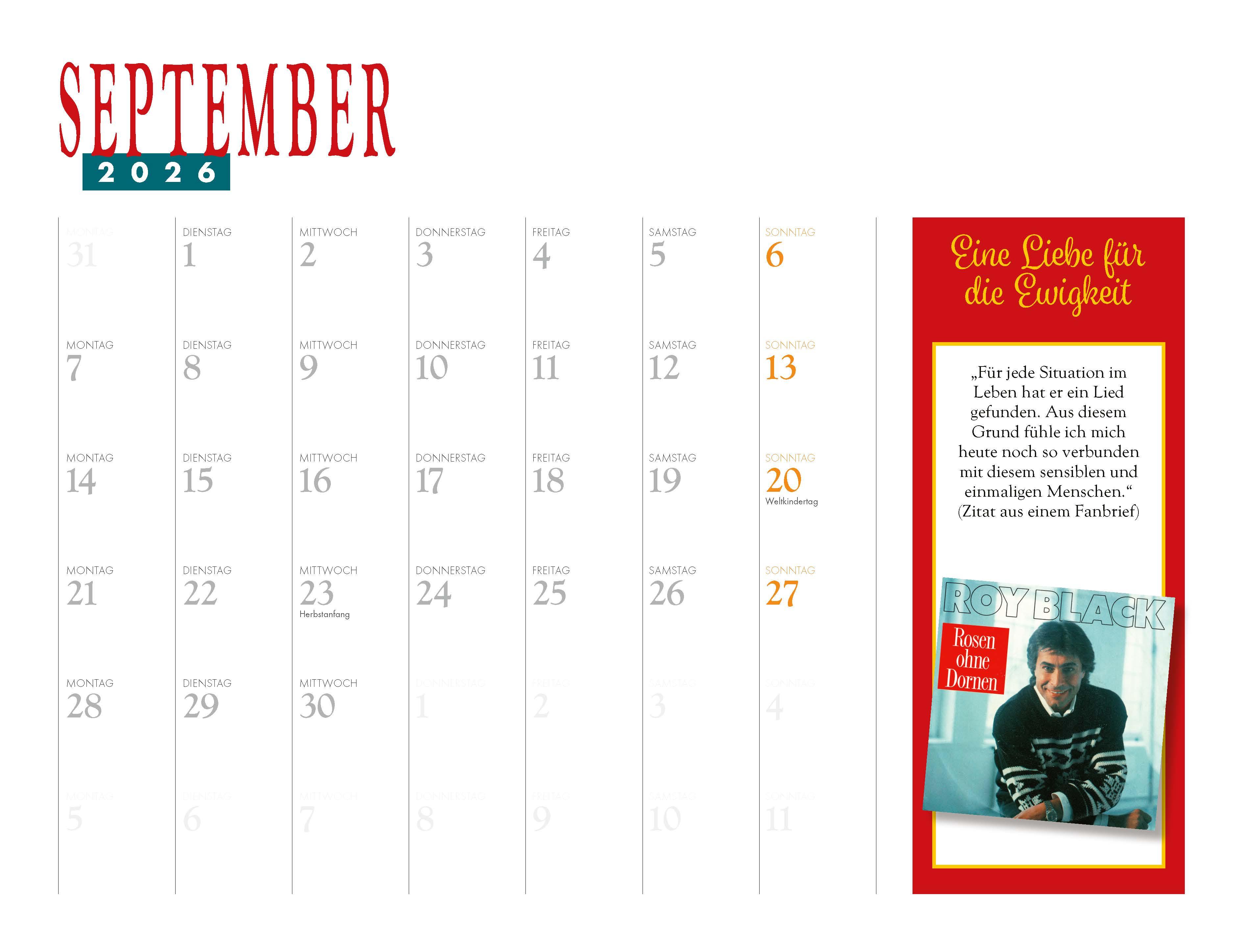Beispielinhalt (Bild) Roy Black Kalender 2026