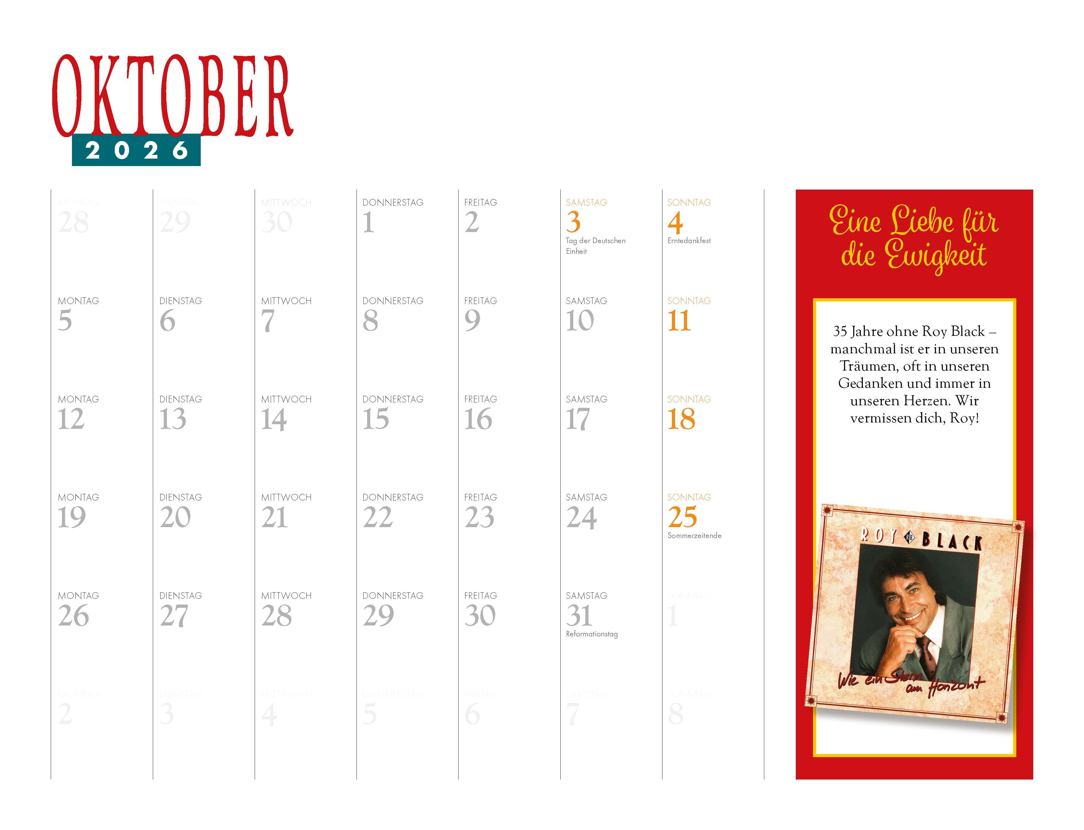 Beispielinhalt (Bild) Roy Black Kalender 2026