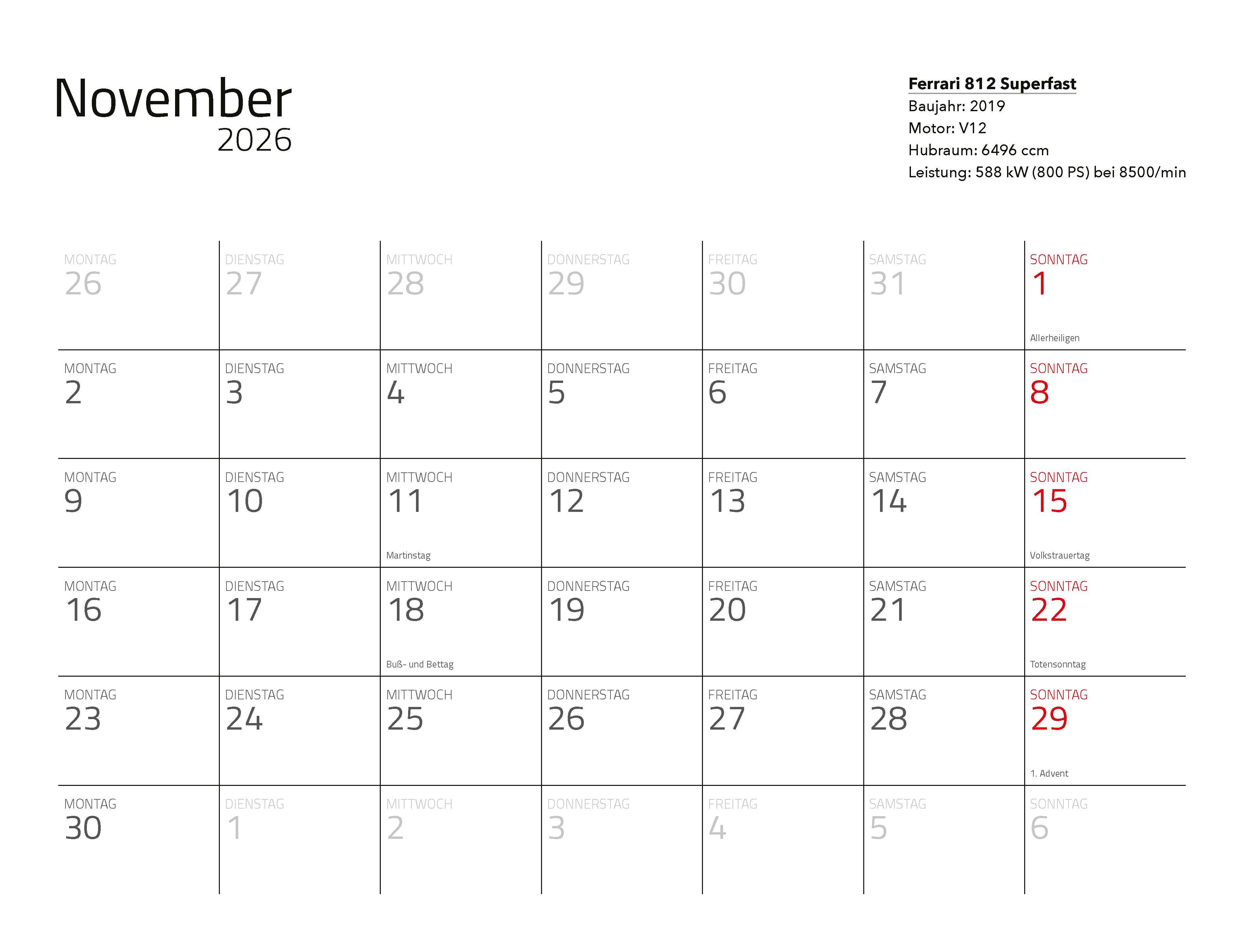 Beispielinhalt (Bild) Supersportwagen Kalender 2026 Eintragkalender