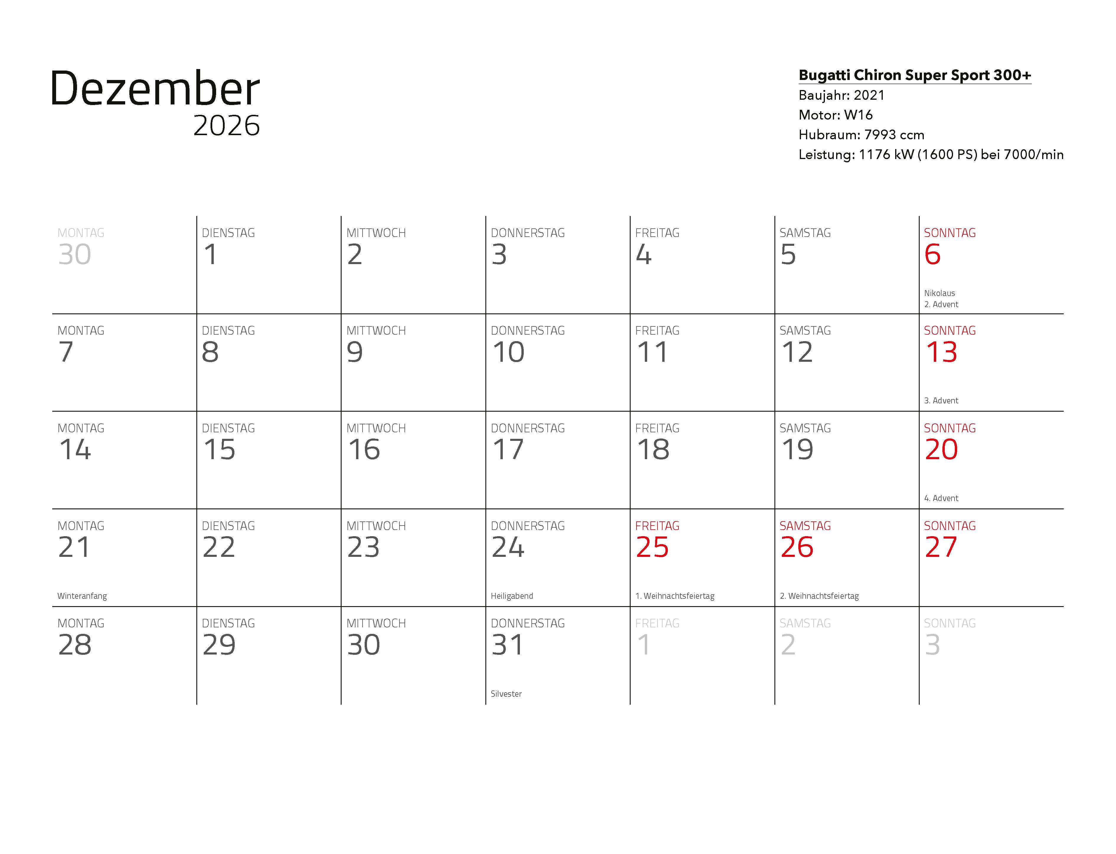 Beispielinhalt (Bild) Supersportwagen Kalender 2026 Eintragkalender