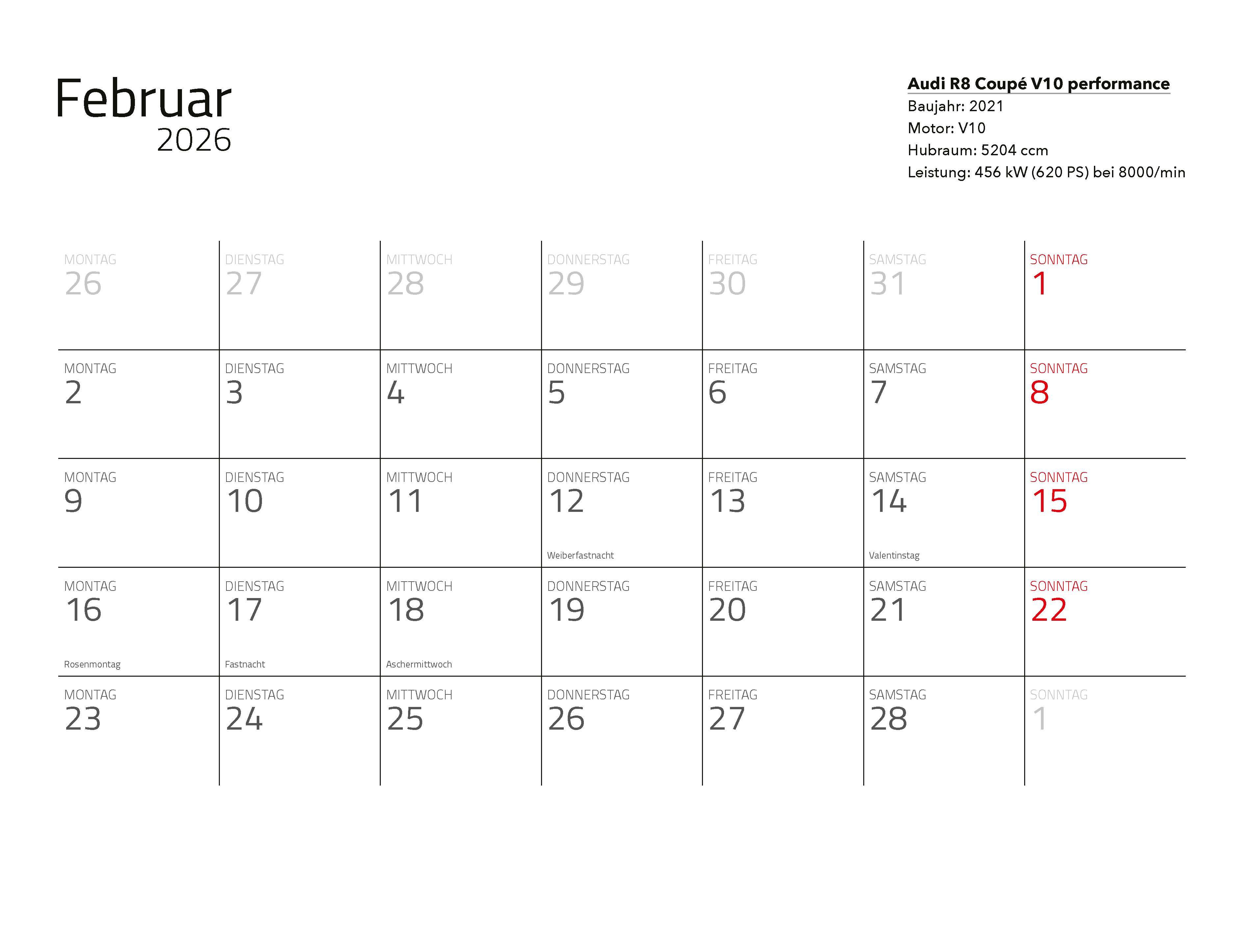 Beispielinhalt (Bild) Supersportwagen Kalender 2026 Eintragkalender