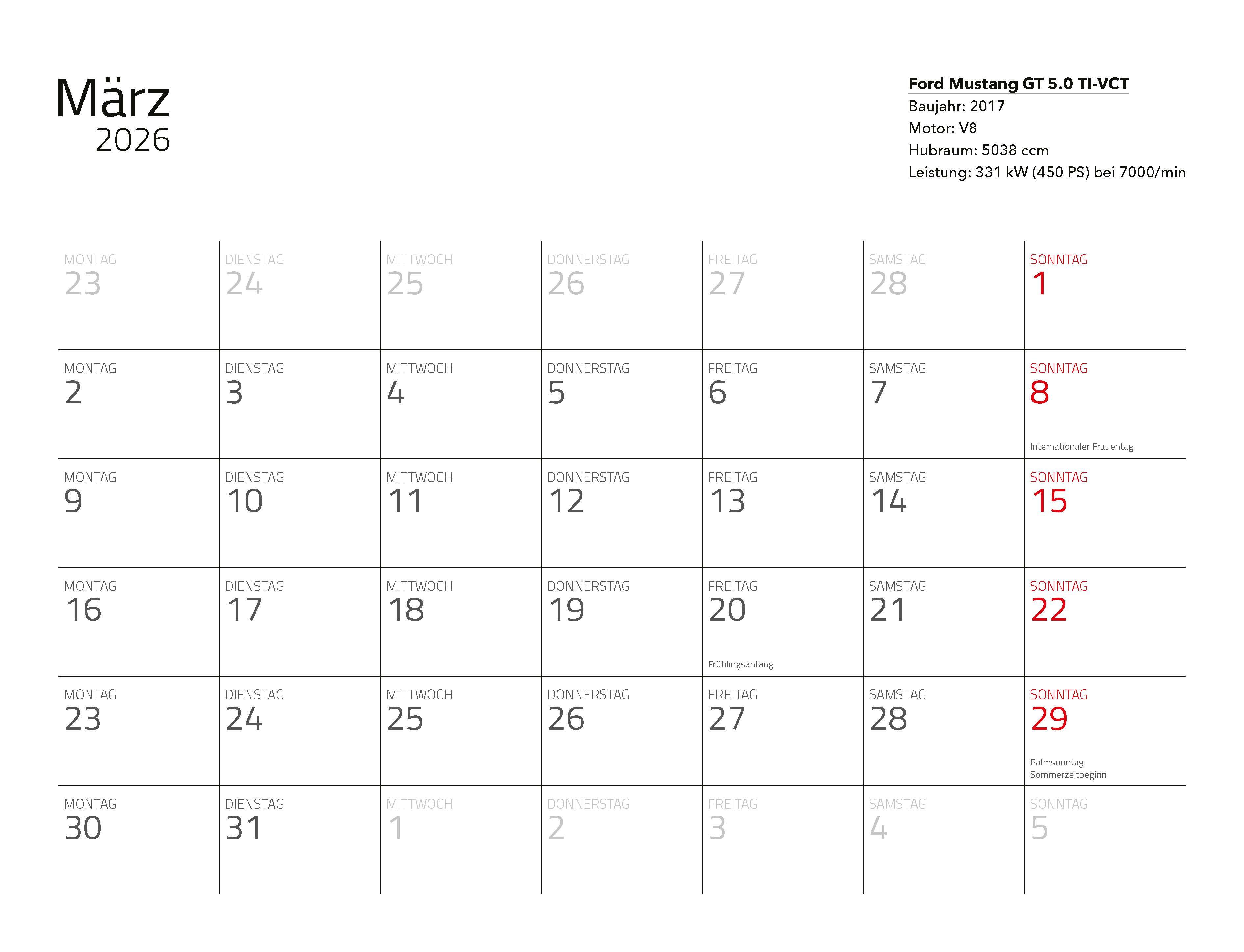 Beispielinhalt (Bild) Supersportwagen Kalender 2026 Eintragkalender