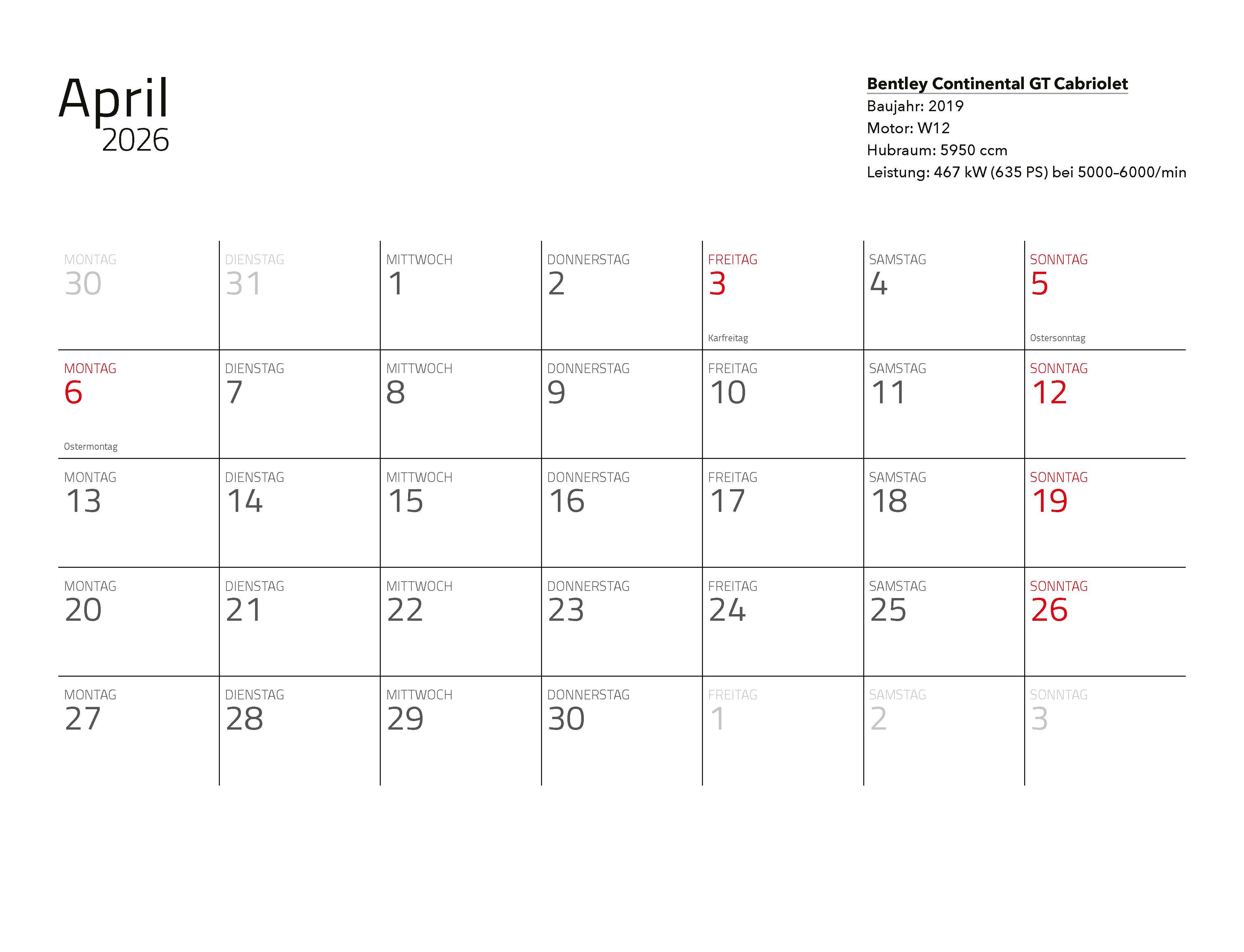 Beispielinhalt (Bild) Supersportwagen Kalender 2026 Eintragkalender