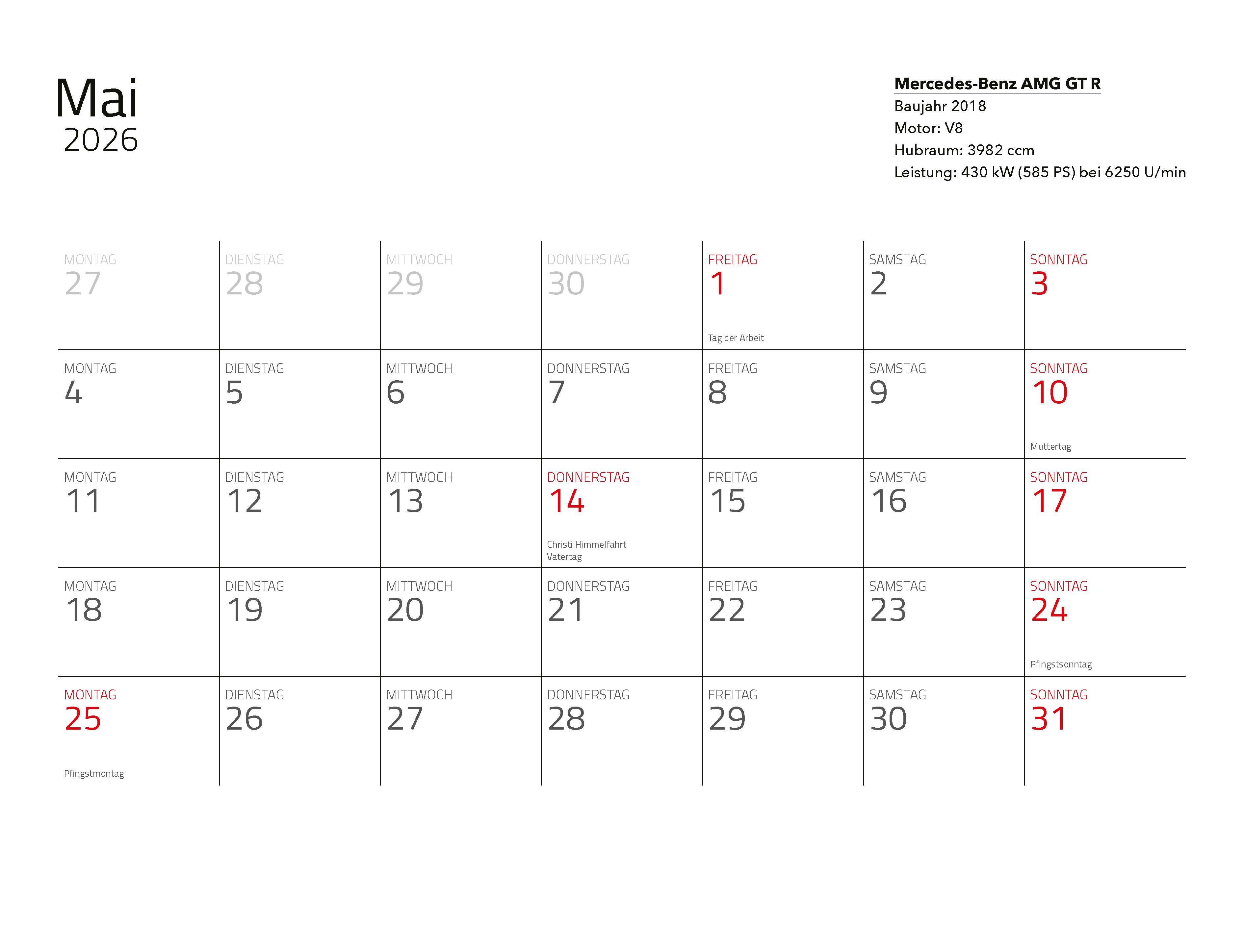Beispielinhalt (Bild) Supersportwagen Kalender 2026 Eintragkalender