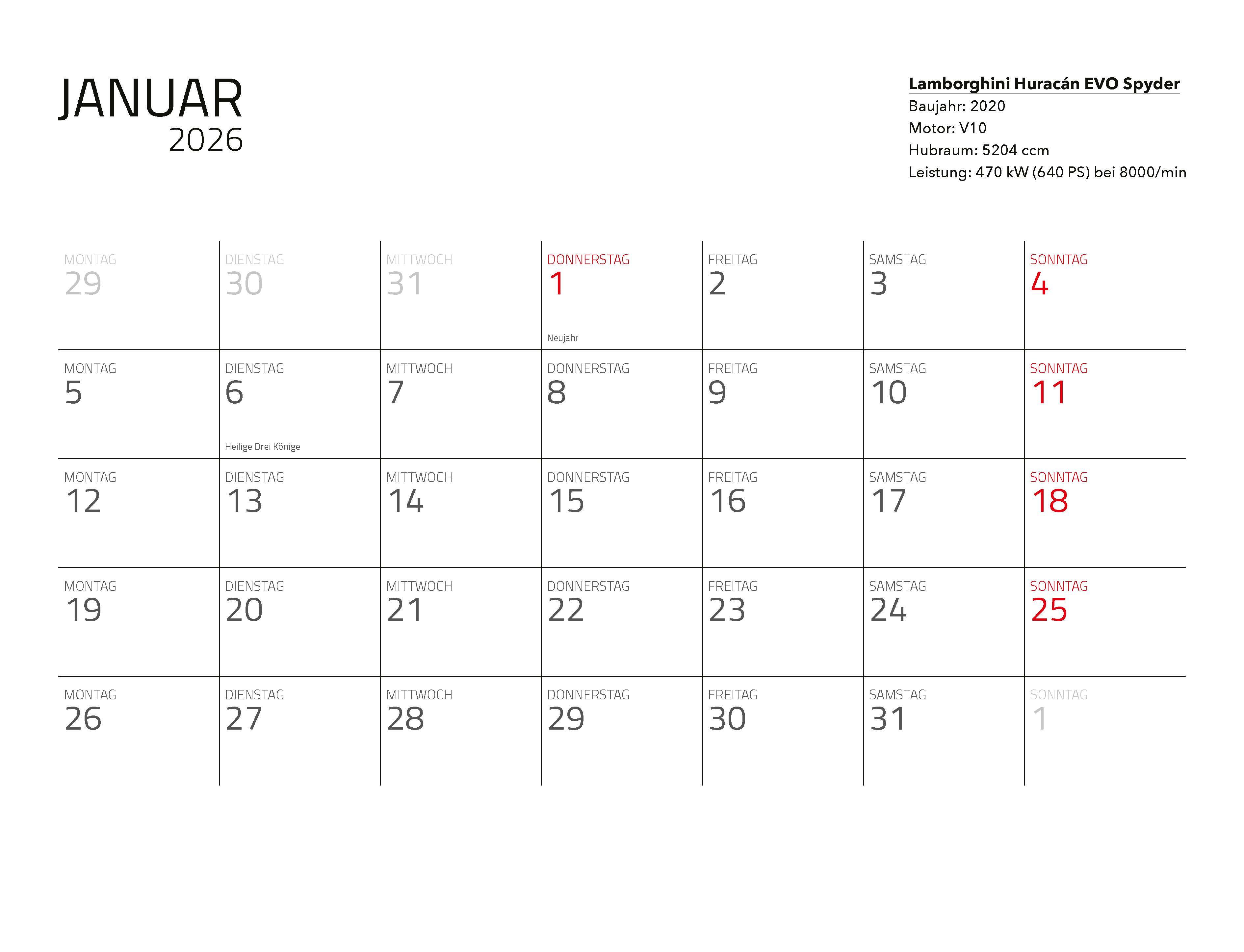 Beispielinhalt (Bild) Supersportwagen Kalender 2026 Eintragkalender