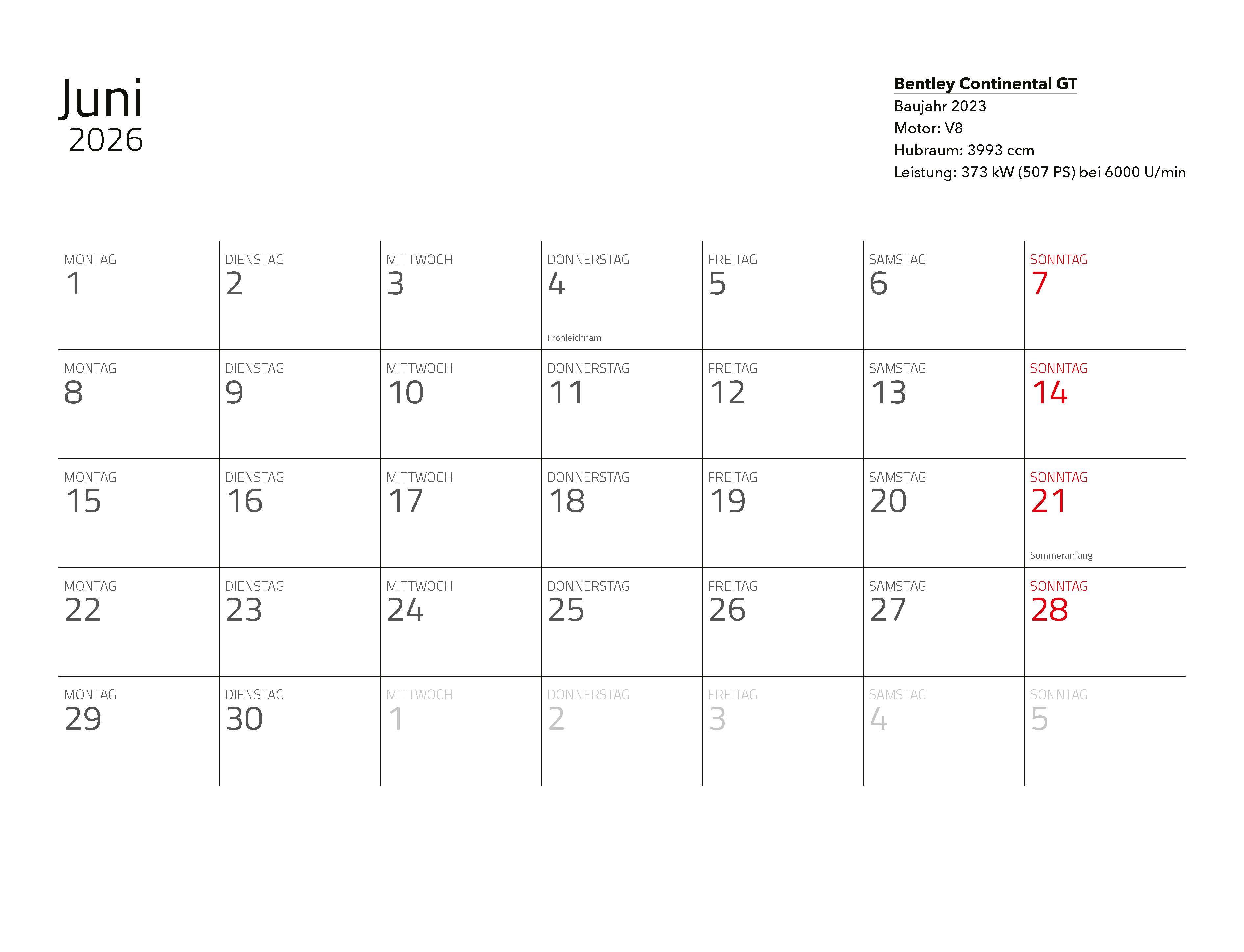 Beispielinhalt (Bild) Supersportwagen Kalender 2026 Eintragkalender