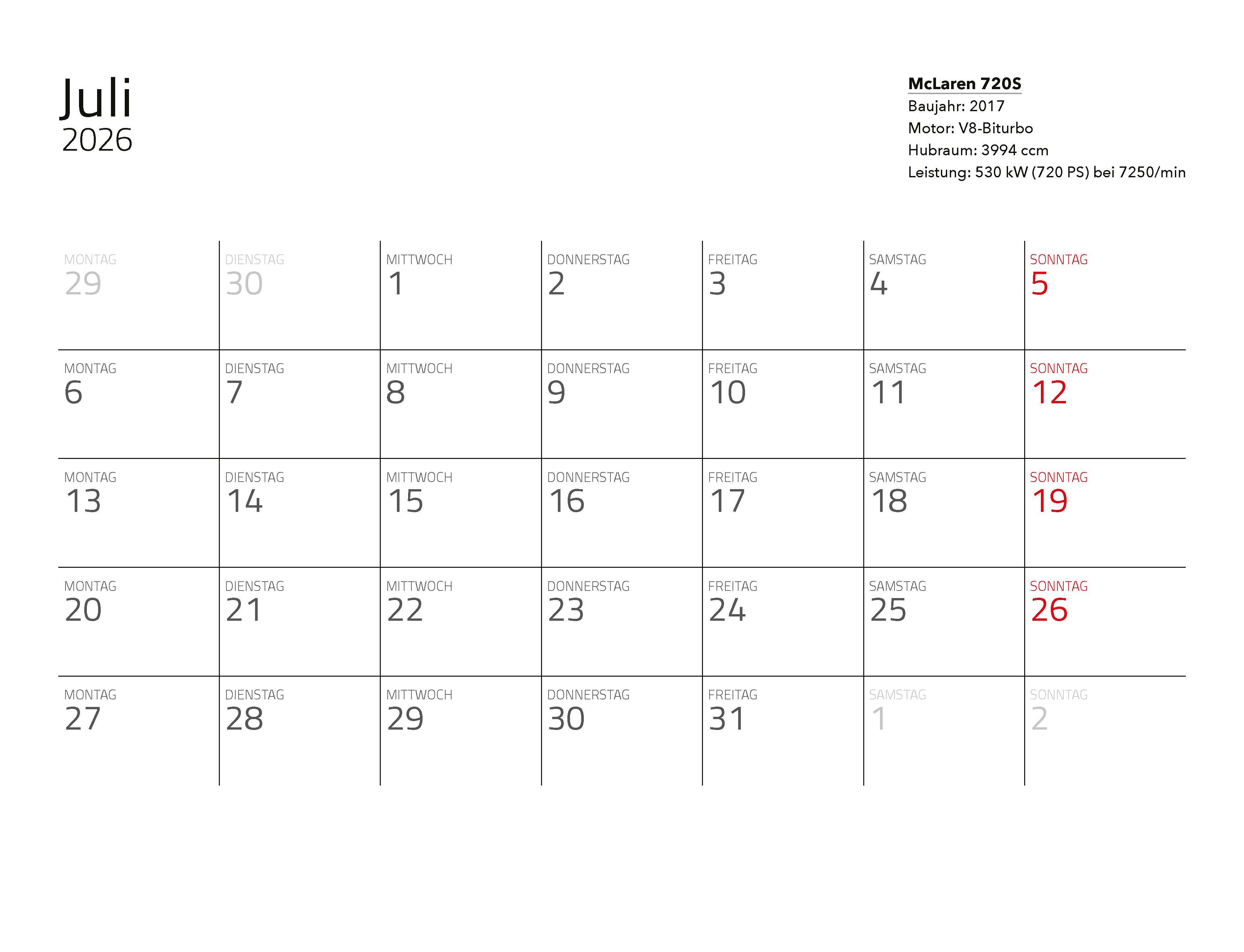 Beispielinhalt (Bild) Supersportwagen Kalender 2026 Eintragkalender