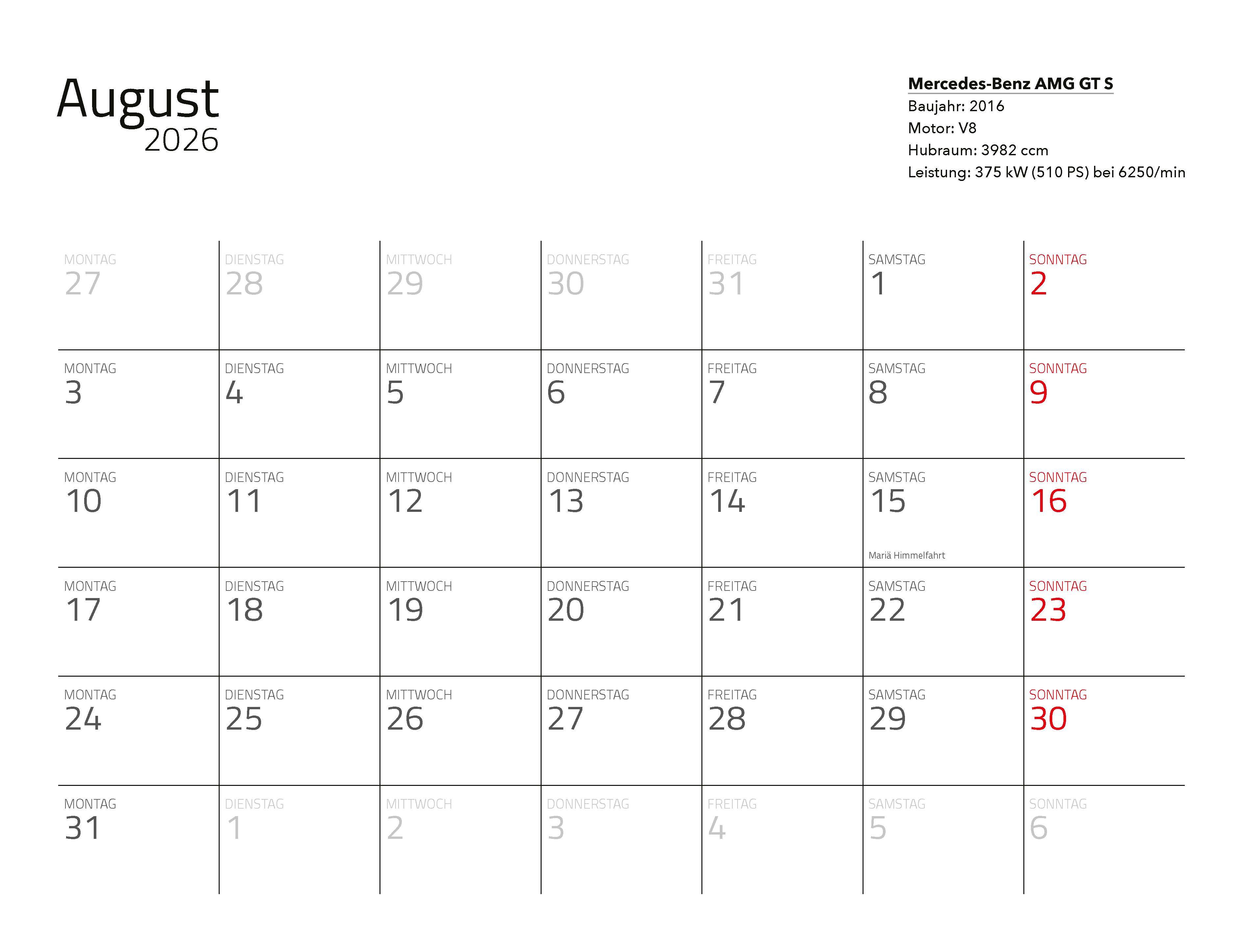 Beispielinhalt (Bild) Supersportwagen Kalender 2026 Eintragkalender