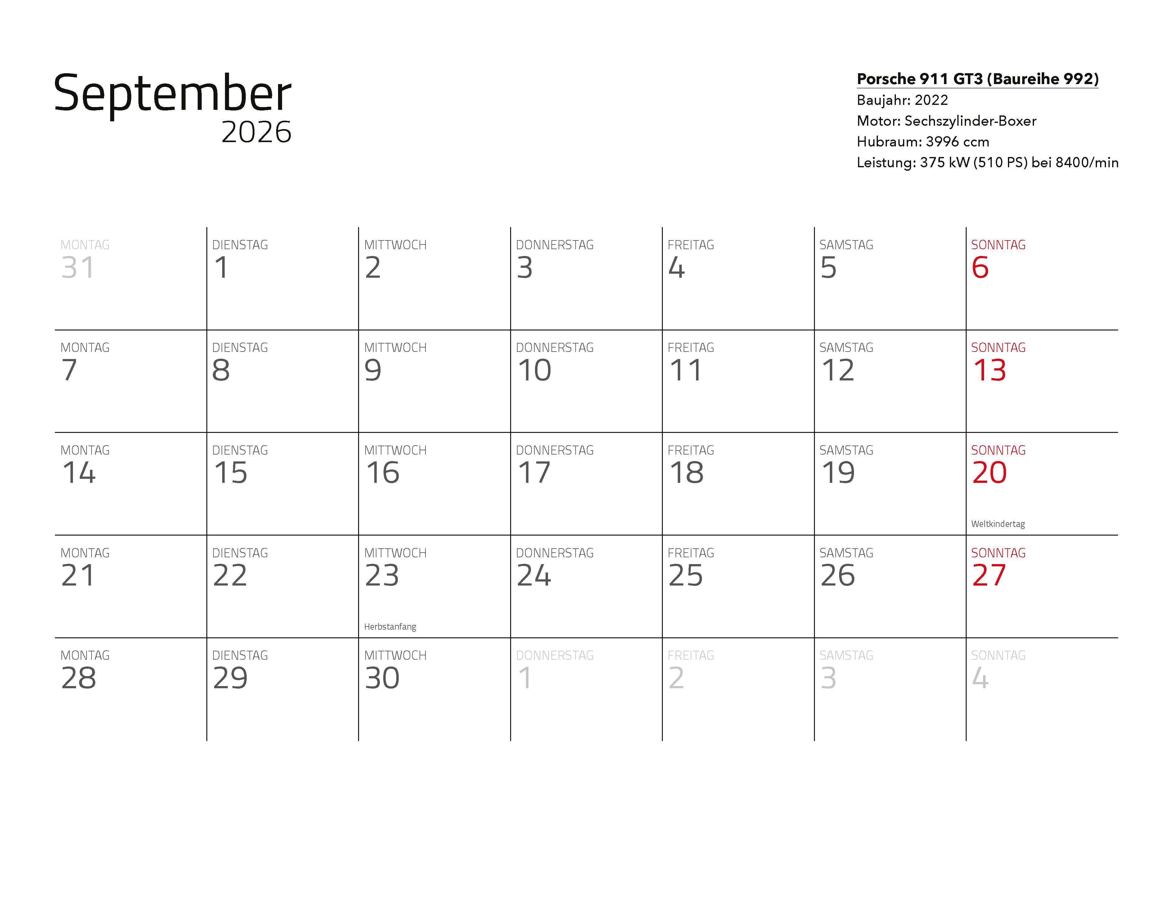 Beispielinhalt (Bild) Supersportwagen Kalender 2026 Eintragkalender