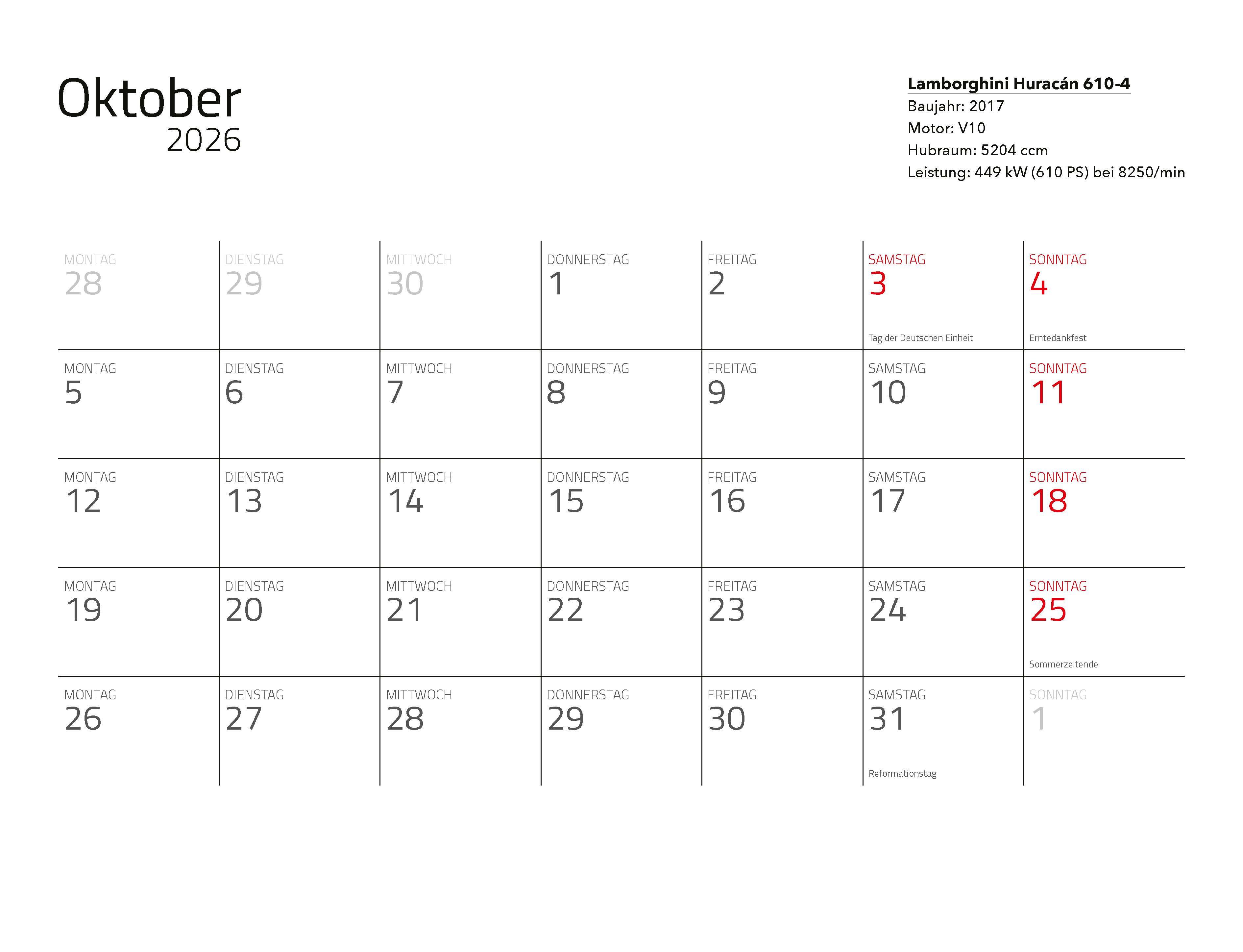 Beispielinhalt (Bild) Supersportwagen Kalender 2026 Eintragkalender