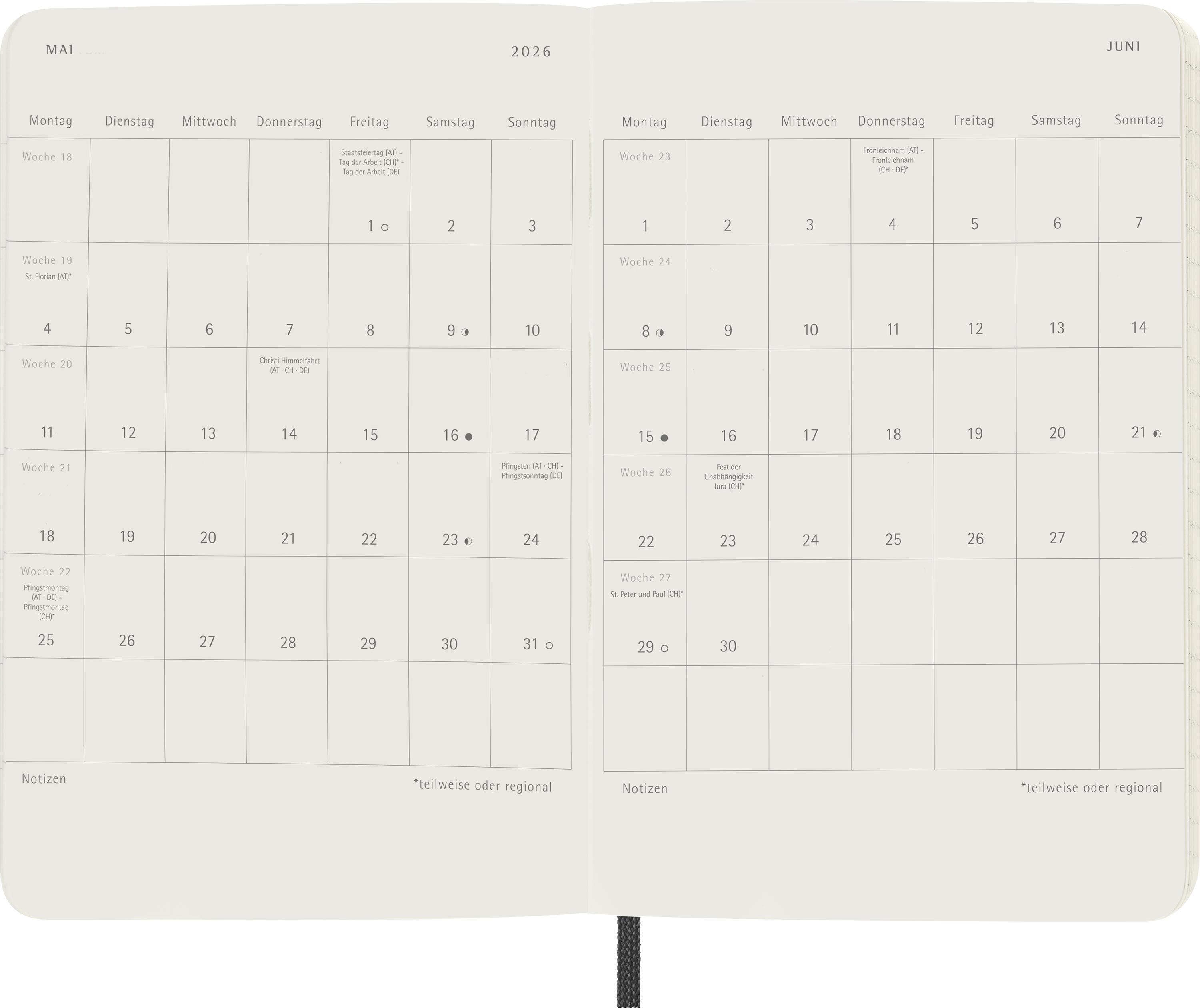 Beispielinhalt (Bild) Moleskine 12 Monate Wochen Notizkalender Deutsch 2026, Pocket/A6, 1 Wo = 1 Seite, rechts linierte Seite, Weicher Einband, Schwarz