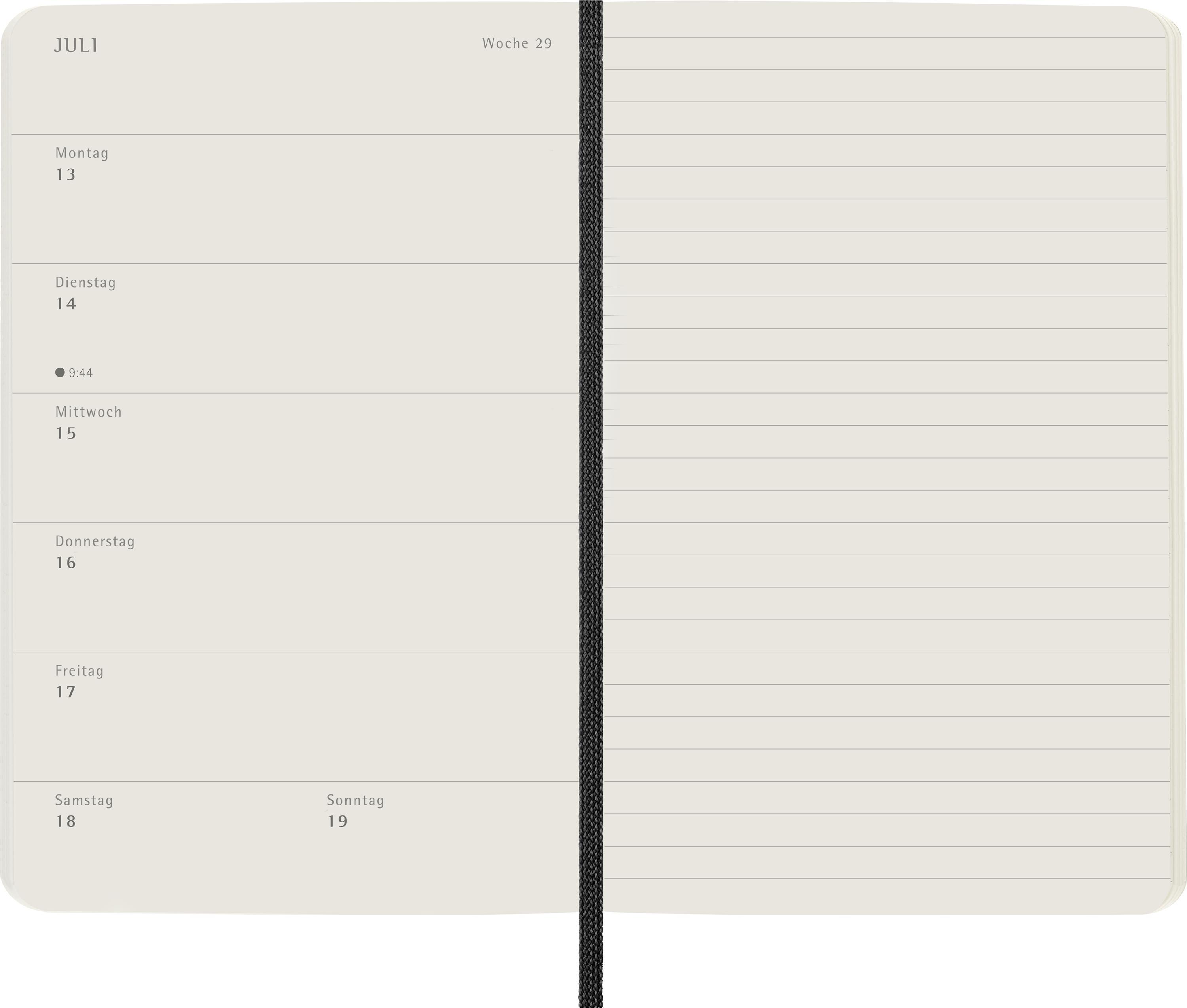 Beispielinhalt (Bild) Moleskine 12 Monate Wochen Notizkalender Deutsch 2026, Pocket/A6, 1 Wo = 1 Seite, rechts linierte Seite, Weicher Einband, Schwarz