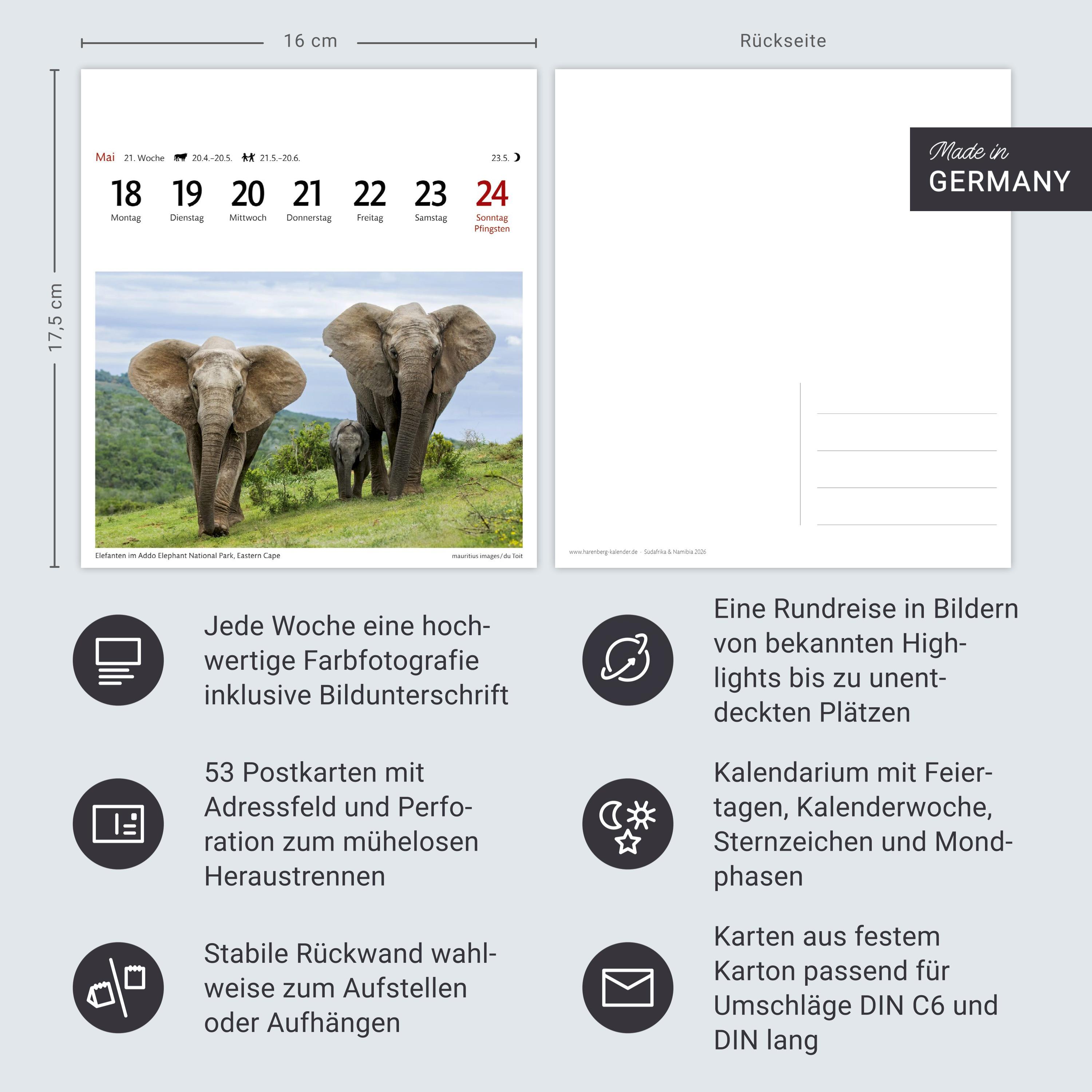 Beispielinhalt (Bild) Südafrika & Namibia Sehnsuchtskalender 2026 - Wochenkalender mit 53 Postkarten