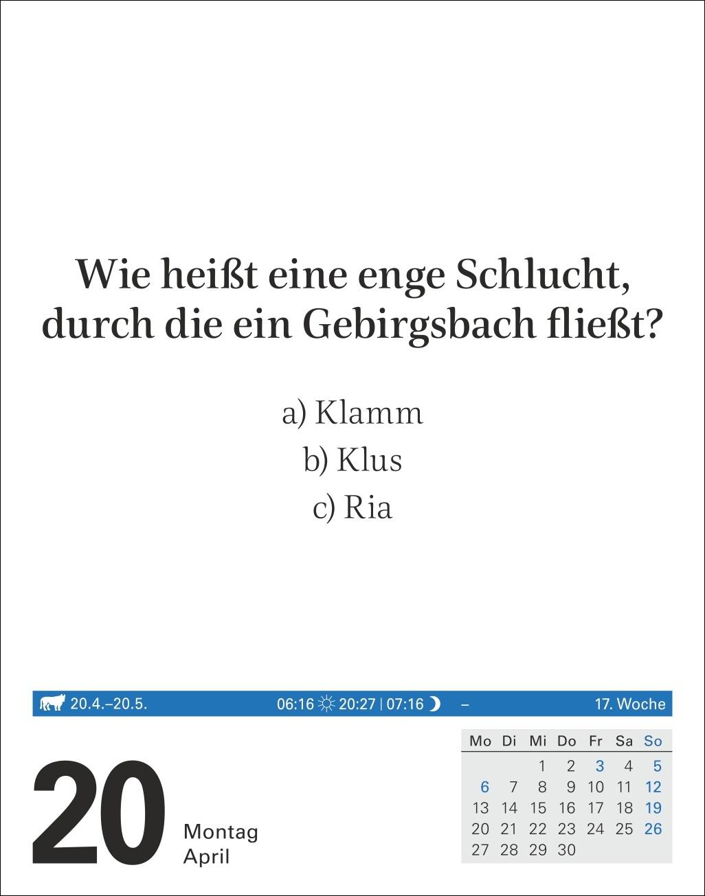 Beispielinhalt (Bild) Wissen Tagesabreißkalender 2026 - Quizfragen aus Geschichte, Politik, Kultur, Technik und Sport
