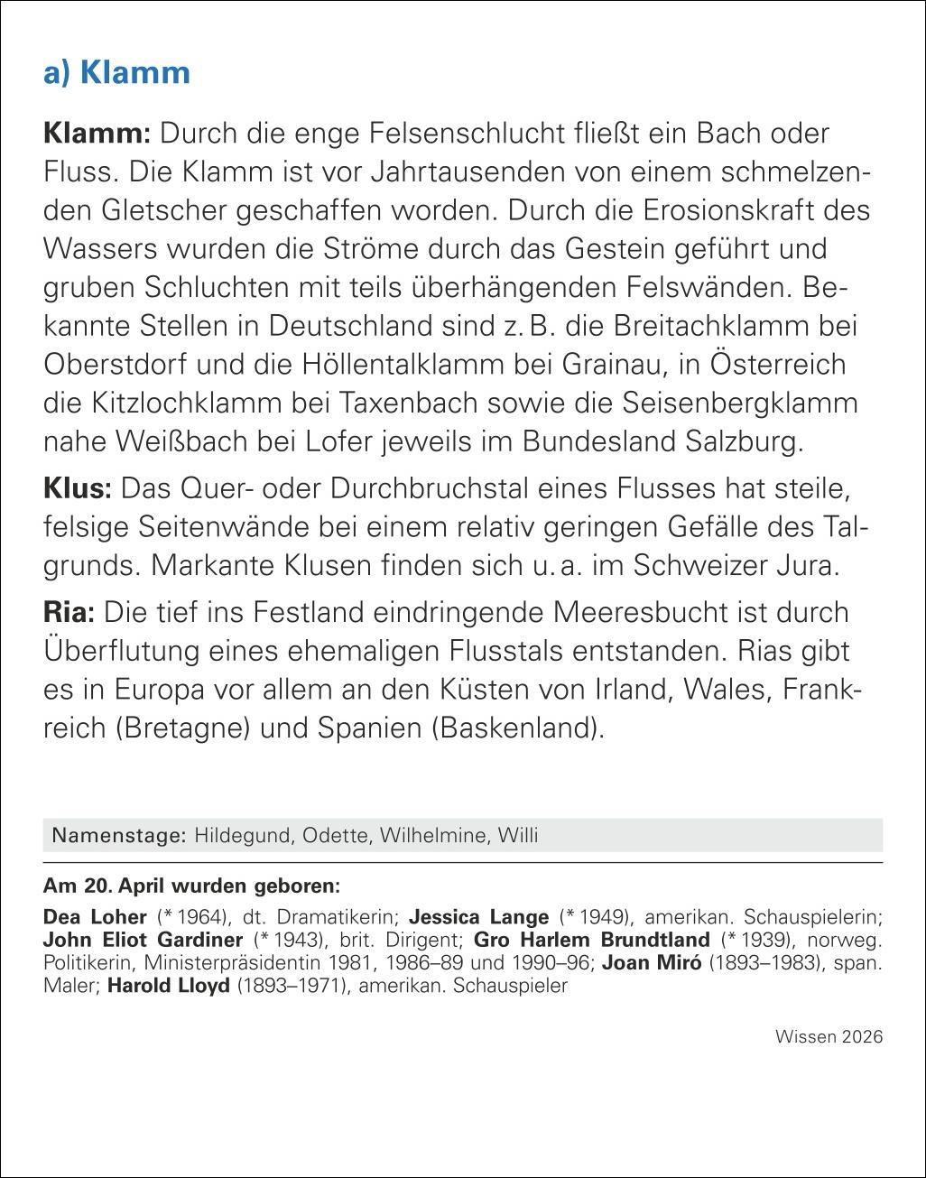 Beispielinhalt (Bild) Wissen Tagesabreißkalender 2026 - Quizfragen aus Geschichte, Politik, Kultur, Technik und Sport