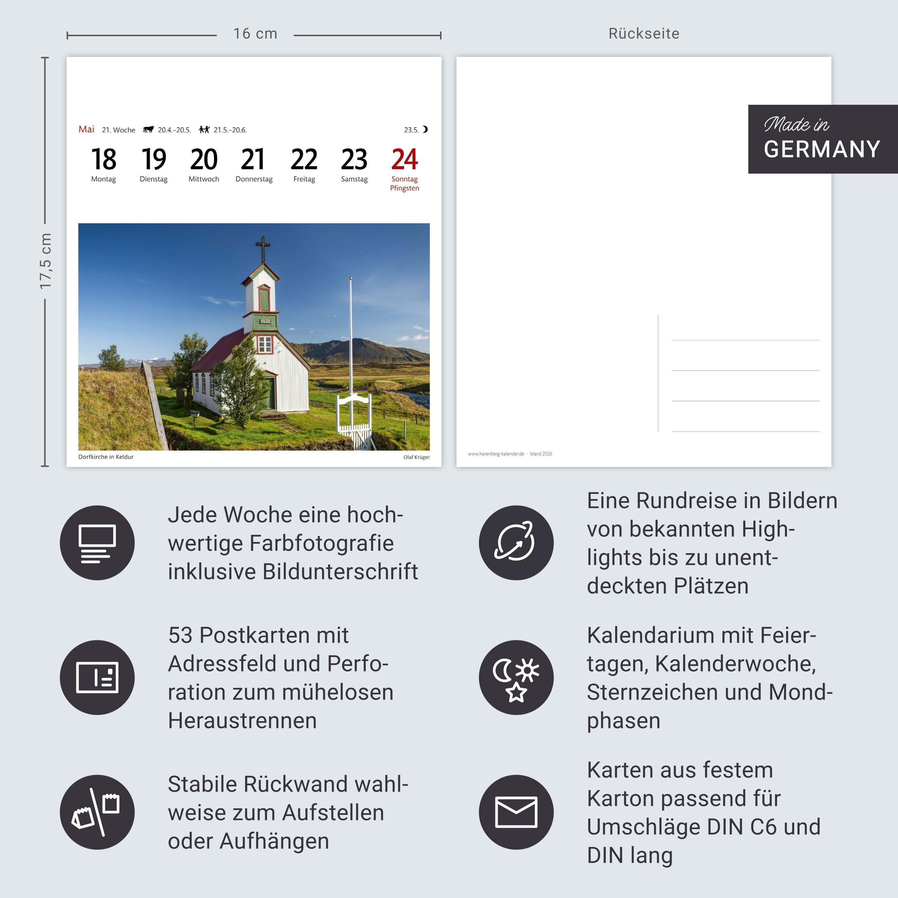 Beispielinhalt (Bild) Island Sehnsuchtskalender 2026 - Wochenkalender mit 53 Postkarten