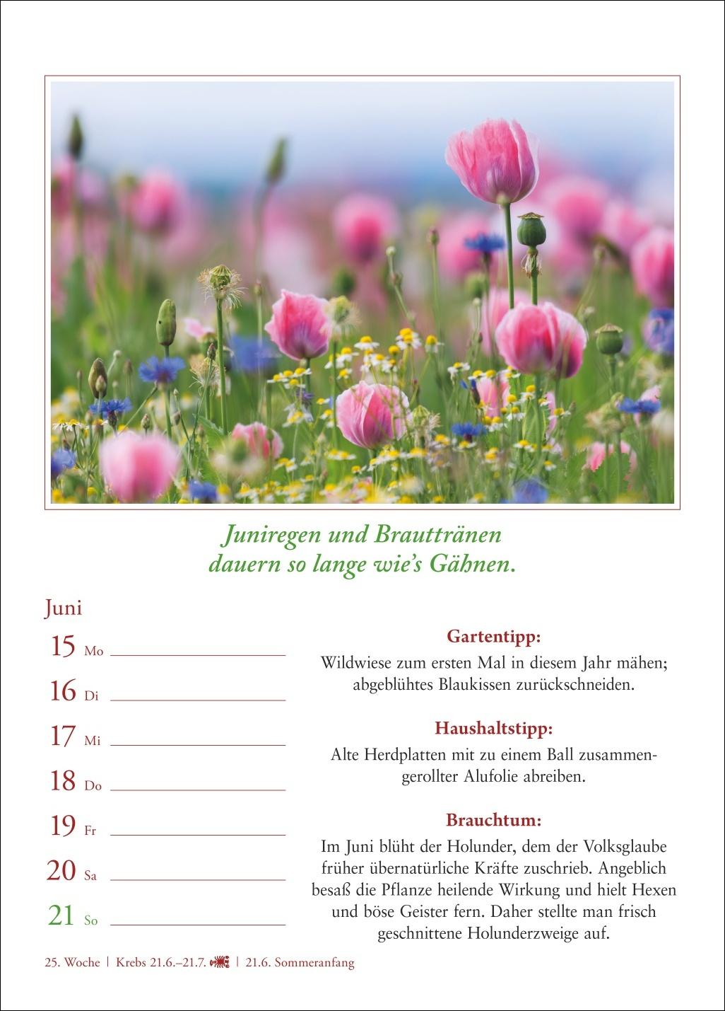 Beispielinhalt (Bild) Bauernweisheiten Wochenkalender 2026 - Bauernregeln, Brauchtum, Gartentipps, Haushaltstipps