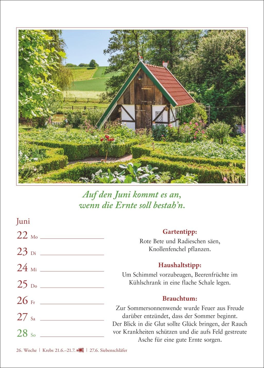 Beispielinhalt (Bild) Bauernweisheiten Wochenkalender 2026 - Bauernregeln, Brauchtum, Gartentipps, Haushaltstipps