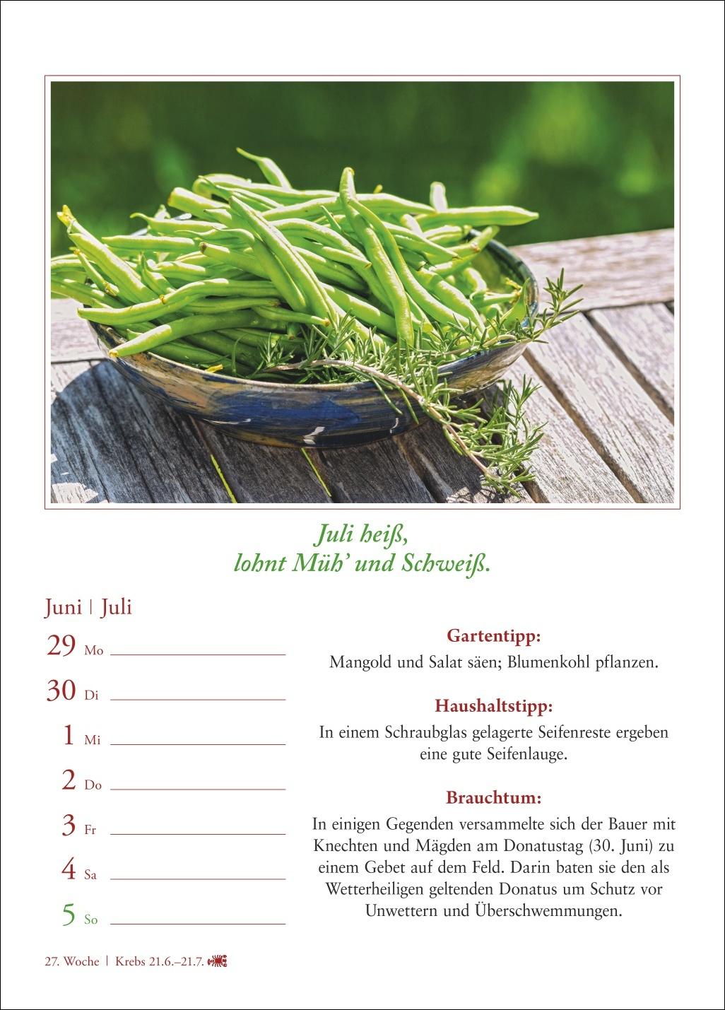 Beispielinhalt (Bild) Bauernweisheiten Wochenkalender 2026 - Bauernregeln, Brauchtum, Gartentipps, Haushaltstipps