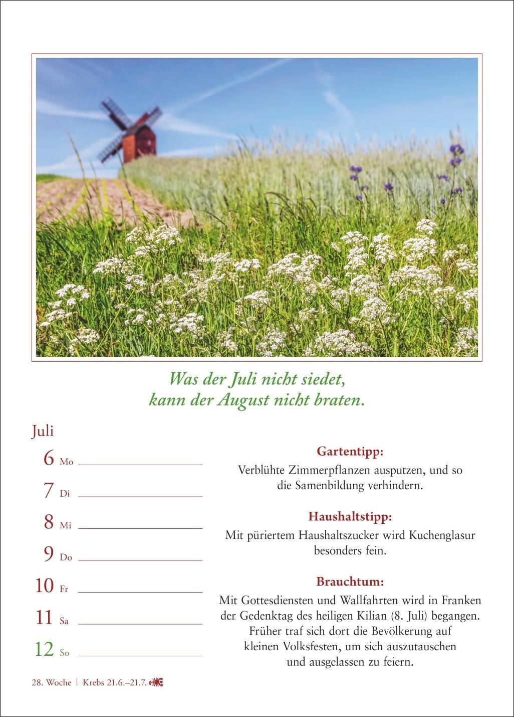Beispielinhalt (Bild) Bauernweisheiten Wochenkalender 2026 - Bauernregeln, Brauchtum, Gartentipps, Haushaltstipps