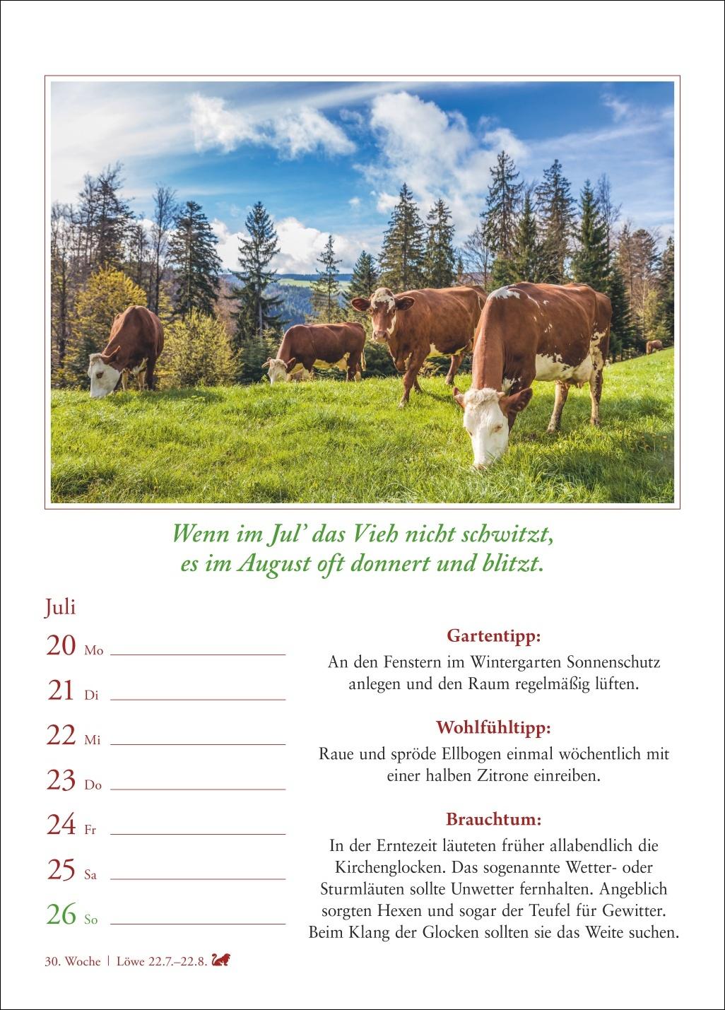 Beispielinhalt (Bild) Bauernweisheiten Wochenkalender 2026 - Bauernregeln, Brauchtum, Gartentipps, Haushaltstipps