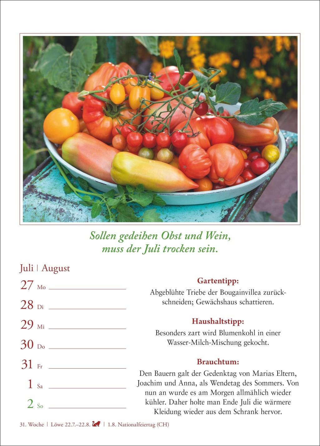 Beispielinhalt (Bild) Bauernweisheiten Wochenkalender 2026 - Bauernregeln, Brauchtum, Gartentipps, Haushaltstipps