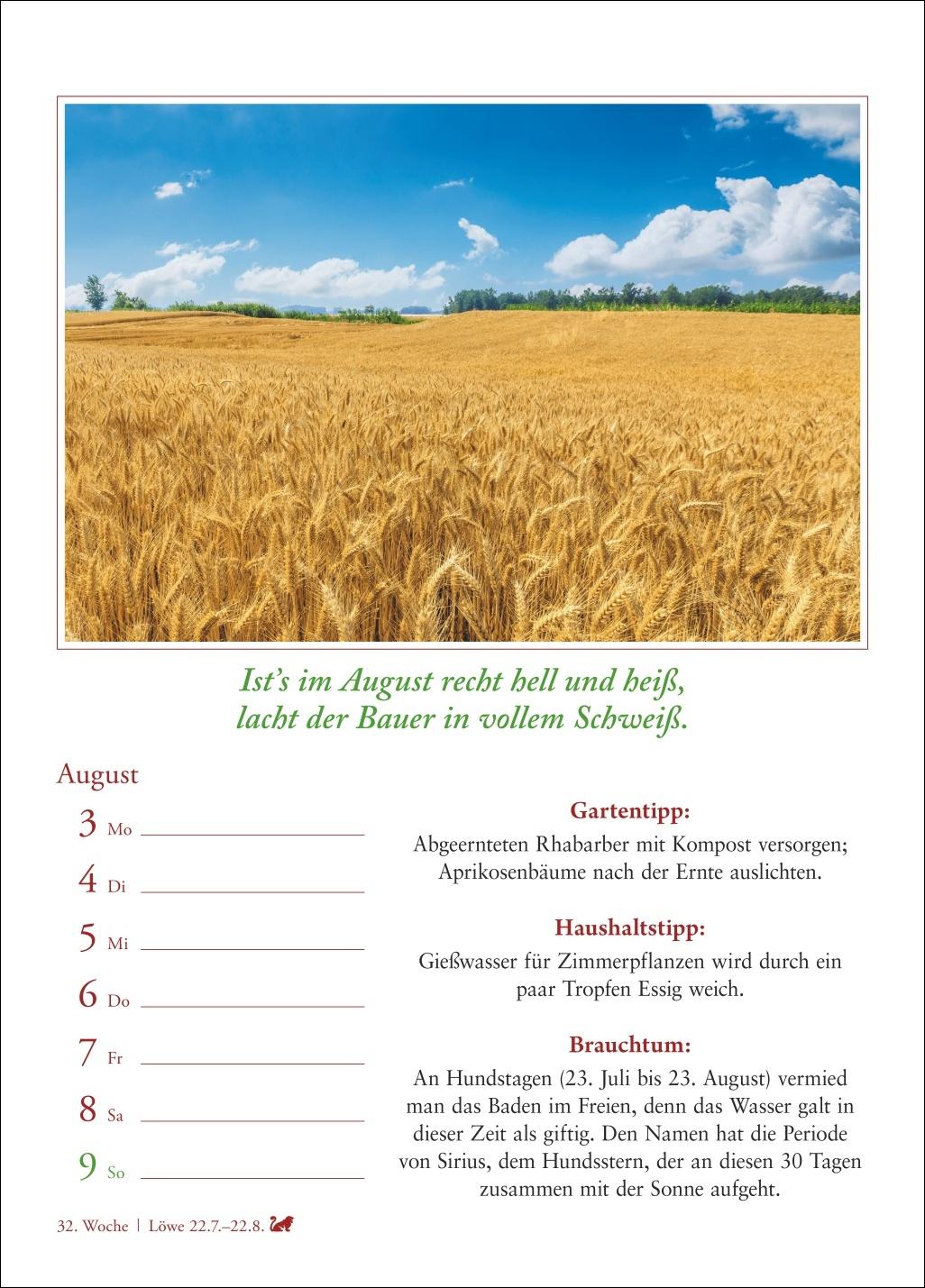 Beispielinhalt (Bild) Bauernweisheiten Wochenkalender 2026 - Bauernregeln, Brauchtum, Gartentipps, Haushaltstipps