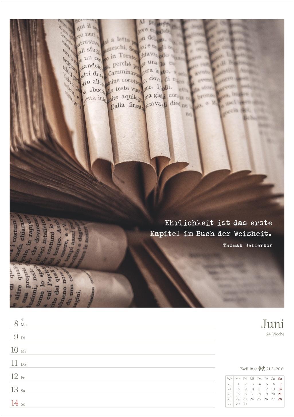 Beispielinhalt (Bild) Leben mit Büchern Wochenplaner 2026 - 53 Blatt mit Weisheit der Woche auf der Rückseite