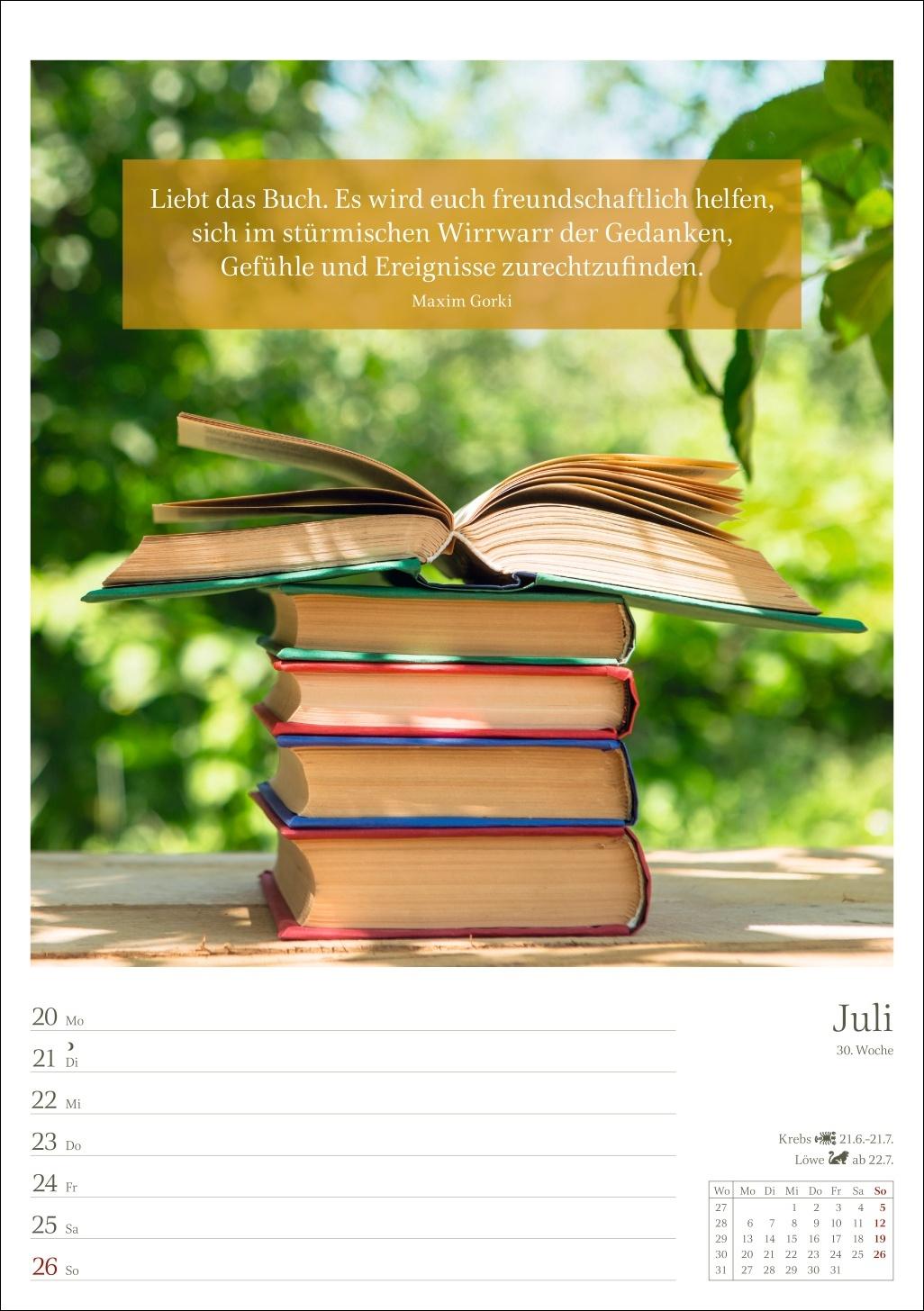 Beispielinhalt (Bild) Leben mit Büchern Wochenplaner 2026 - 53 Blatt mit Weisheit der Woche auf der Rückseite