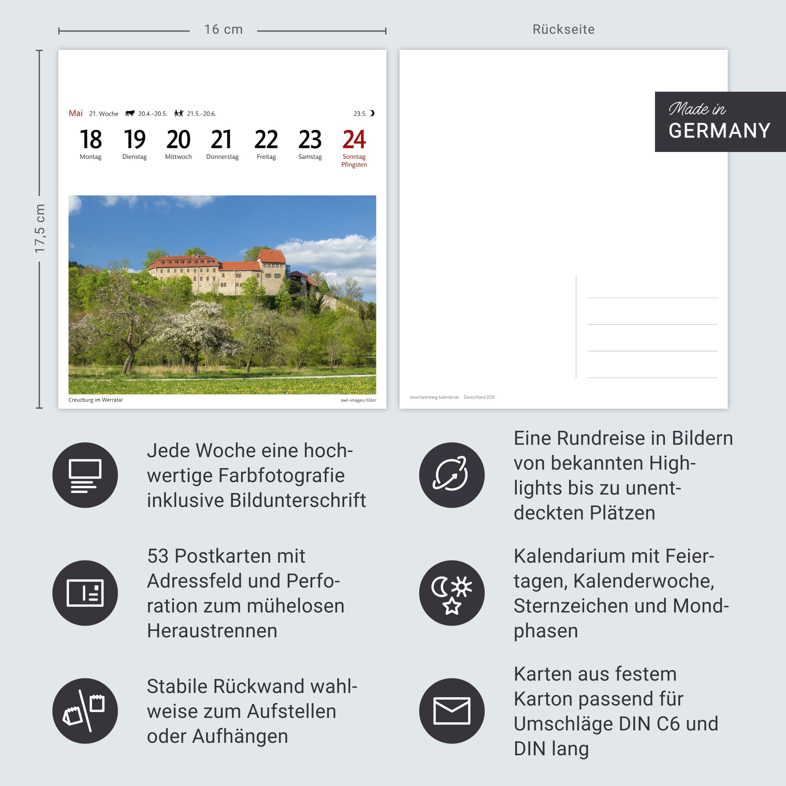 Beispielinhalt (Bild) Deutschland Sehnsuchtskalender 2026 - Wochenkalender mit 53 Postkarten