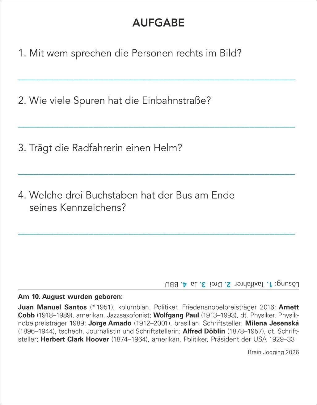 Beispielinhalt (Bild) Brain Jogging Tagesabreißkalender 2026 - Gedächtnis, Konzentration, Logik