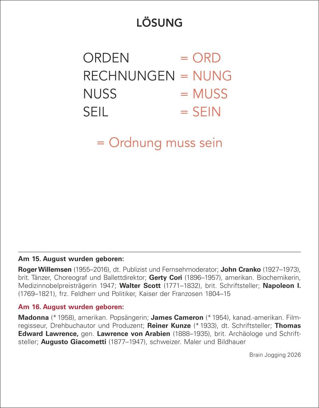 Beispielinhalt (Bild) Brain Jogging Tagesabreißkalender 2026 - Gedächtnis, Konzentration, Logik