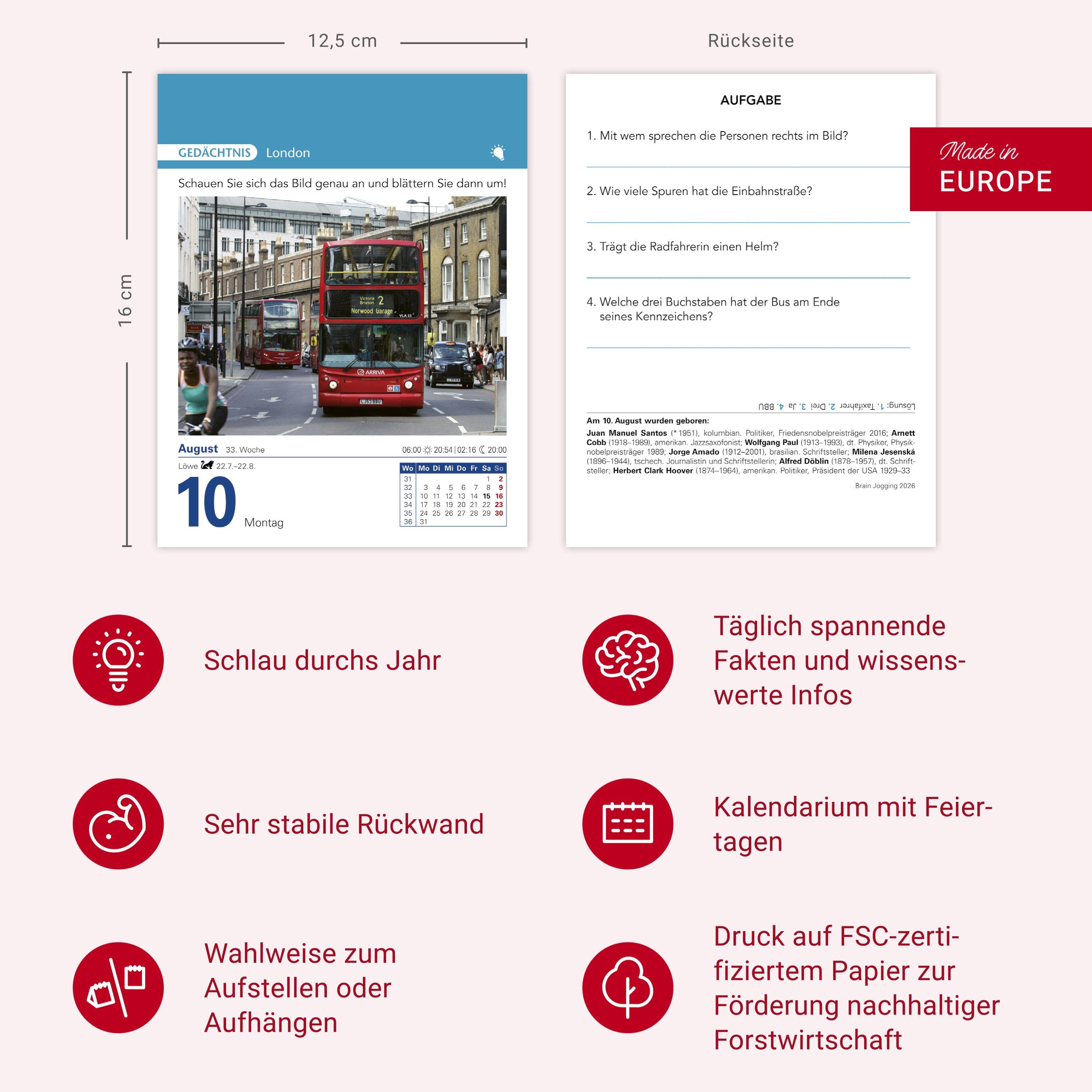 Beispielinhalt (Bild) Brain Jogging Tagesabreißkalender 2026 - Gedächtnis, Konzentration, Logik
