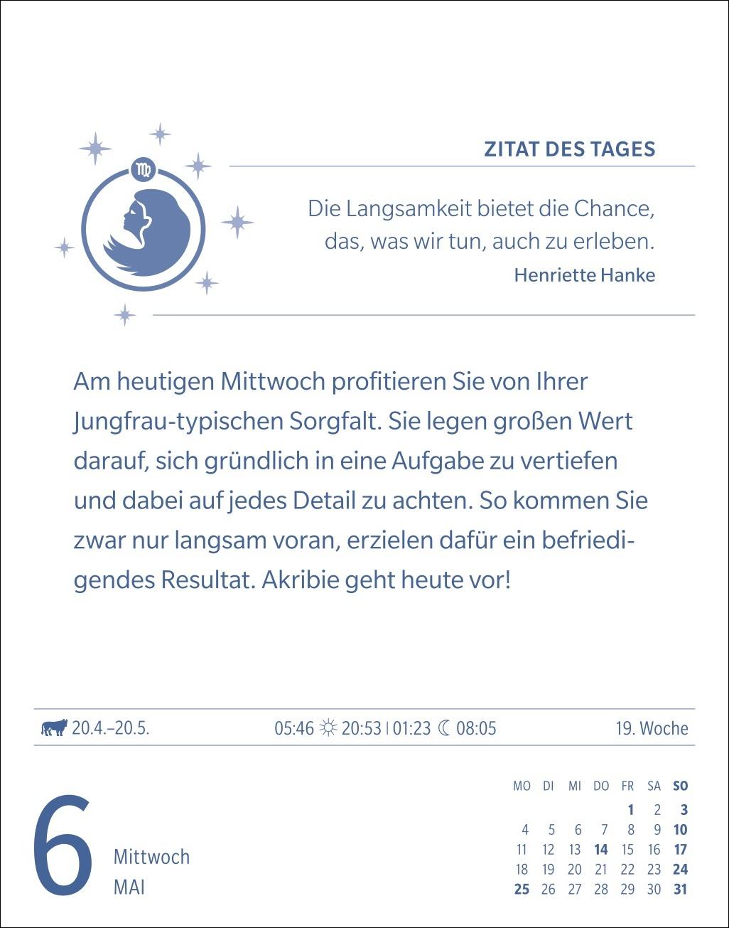 Beispielinhalt (Bild) Jungfrau Sternzeichenkalender 2026 - Tagesabreißkalender - Ihr Horoskop für jeden Tag