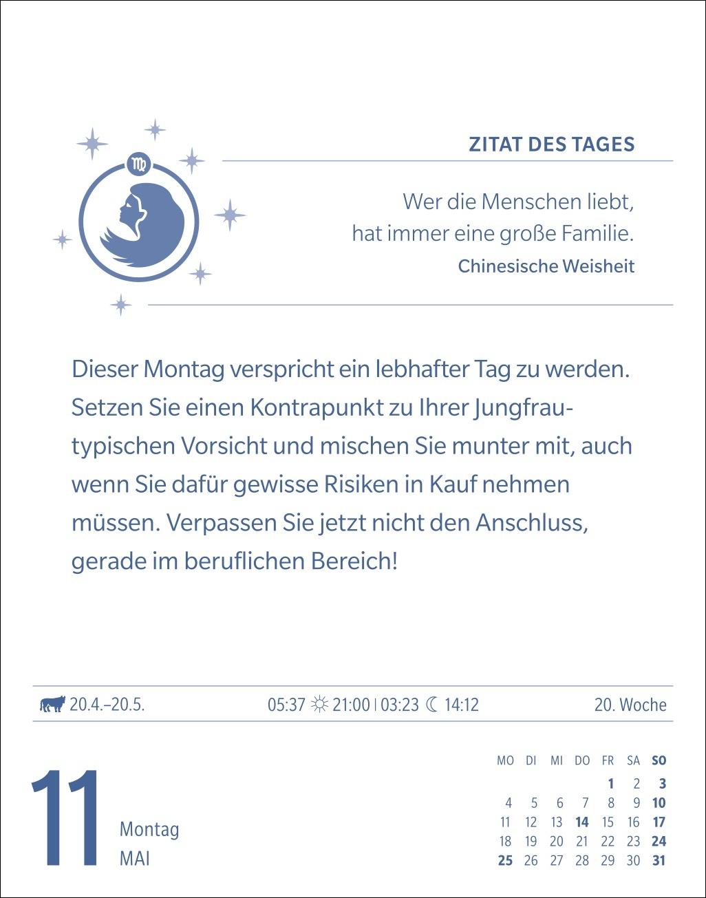 Beispielinhalt (Bild) Jungfrau Sternzeichenkalender 2026 - Tagesabreißkalender - Ihr Horoskop für jeden Tag