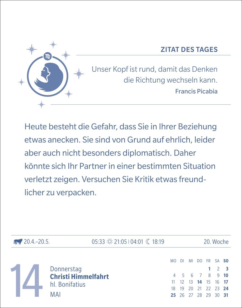 Beispielinhalt (Bild) Jungfrau Sternzeichenkalender 2026 - Tagesabreißkalender - Ihr Horoskop für jeden Tag