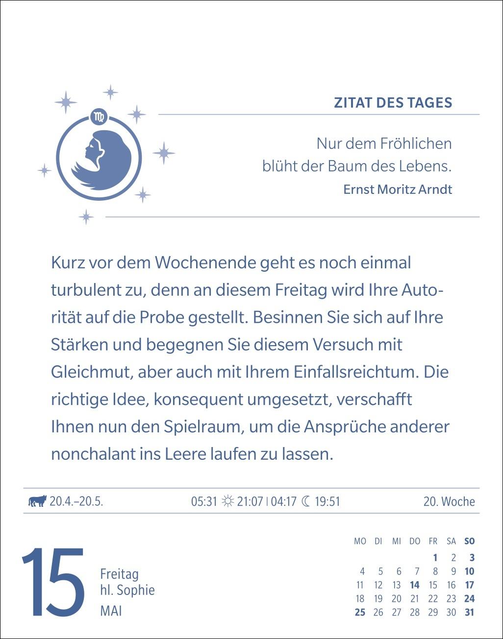 Beispielinhalt (Bild) Jungfrau Sternzeichenkalender 2026 - Tagesabreißkalender - Ihr Horoskop für jeden Tag