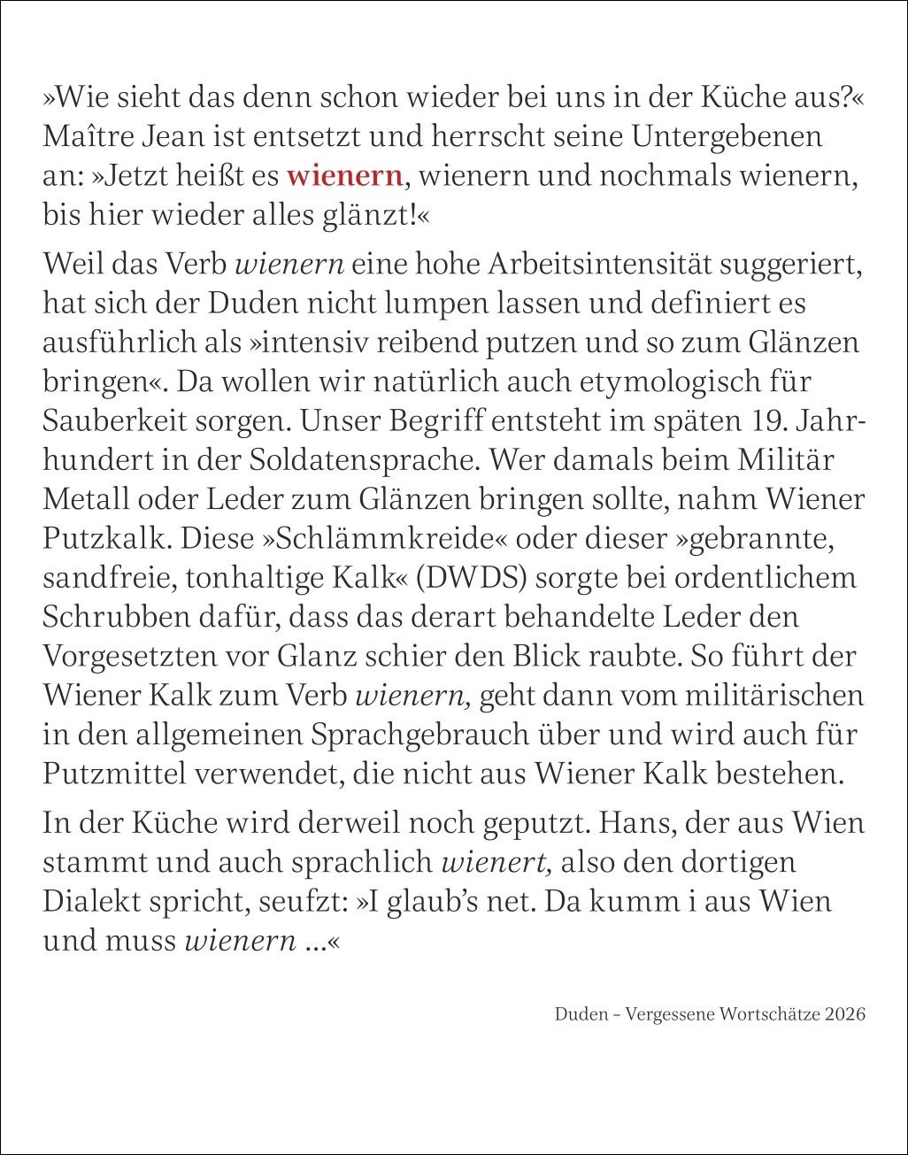 Beispielinhalt (Bild) Duden Vergessene Wortschätze Tagesabreißkalender 2026