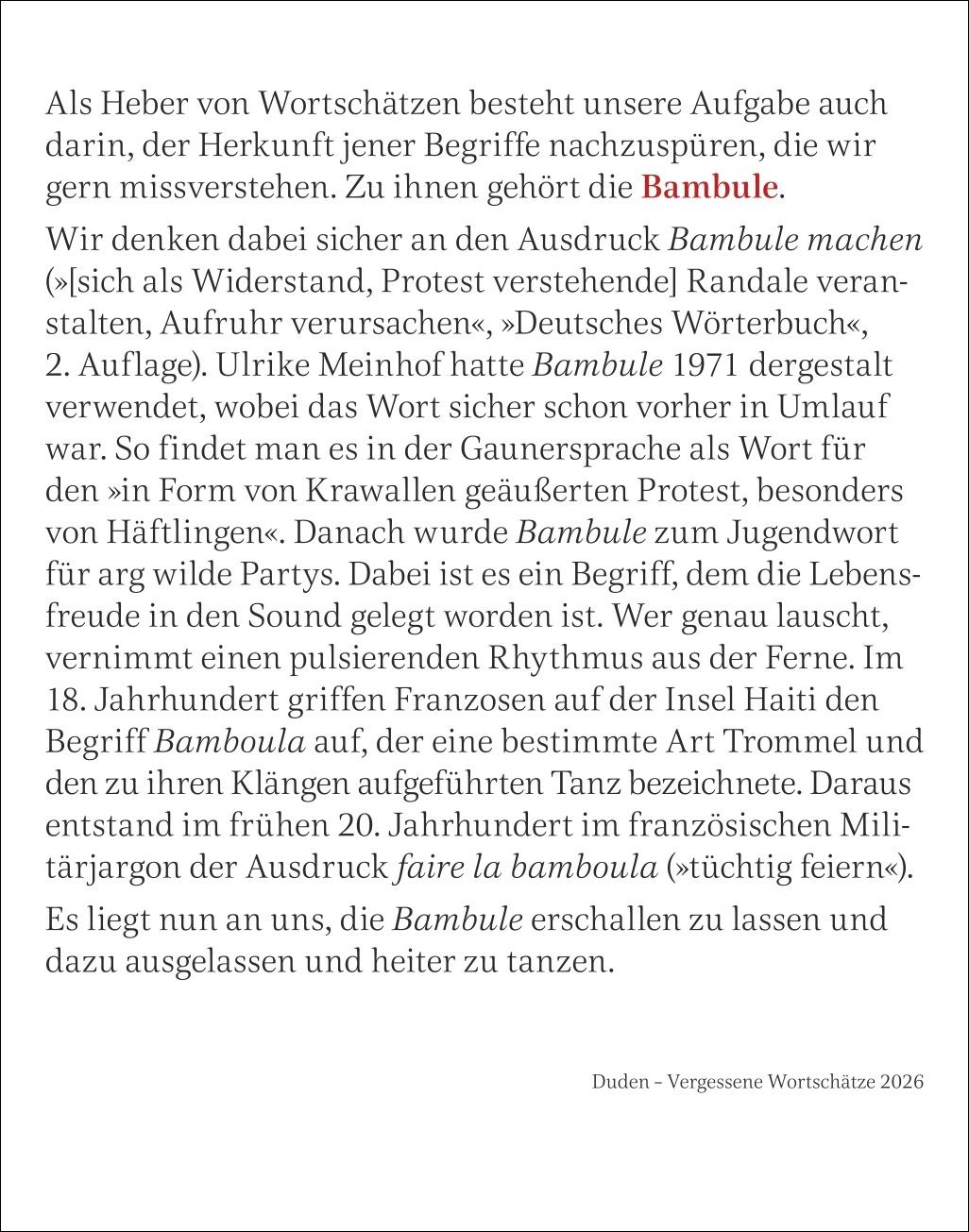 Beispielinhalt (Bild) Duden Vergessene Wortschätze Tagesabreißkalender 2026