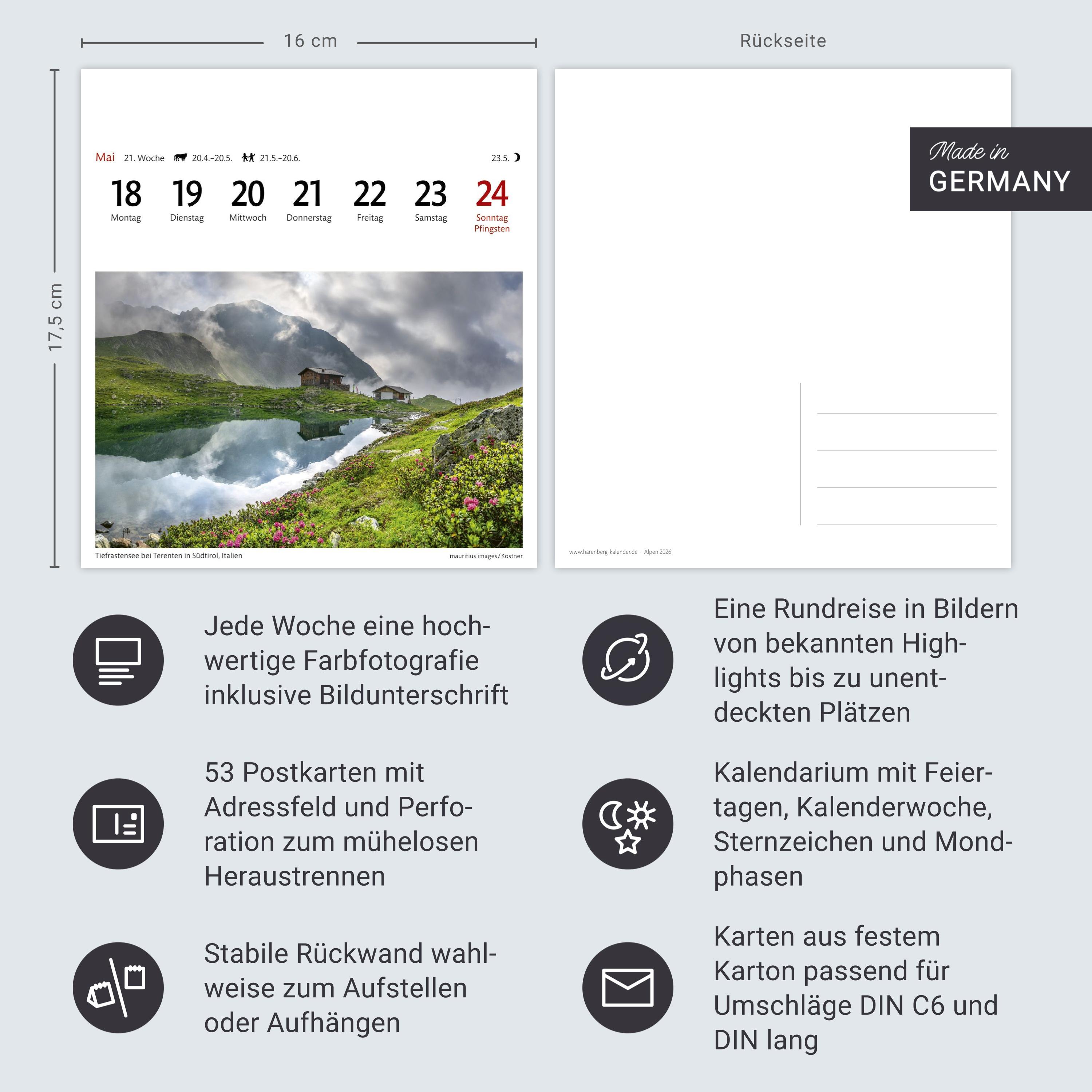 Beispielinhalt (Bild) Alpen Sehnsuchtskalender 2026 - Wochenkalender mit 53 Postkarten