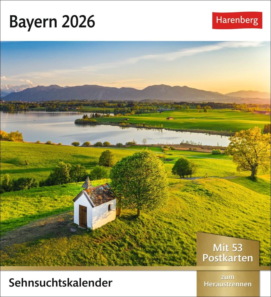 Vorderes Coverbild Bayern Sehnsuchtskalender 2026 - Wochenkalender mit 53 Postkarten