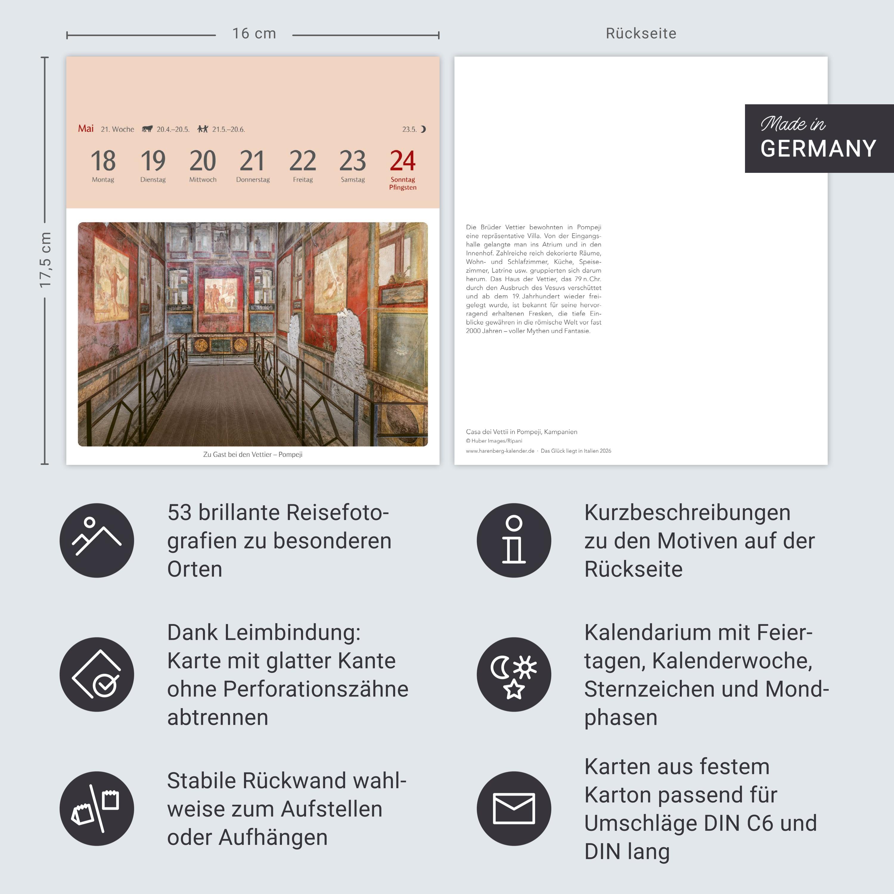 Beispielinhalt (Bild) Das Glück liegt in Italien Postkartenkalender 2026 - 53 Karten mit Kurzporträts zu den Zielen