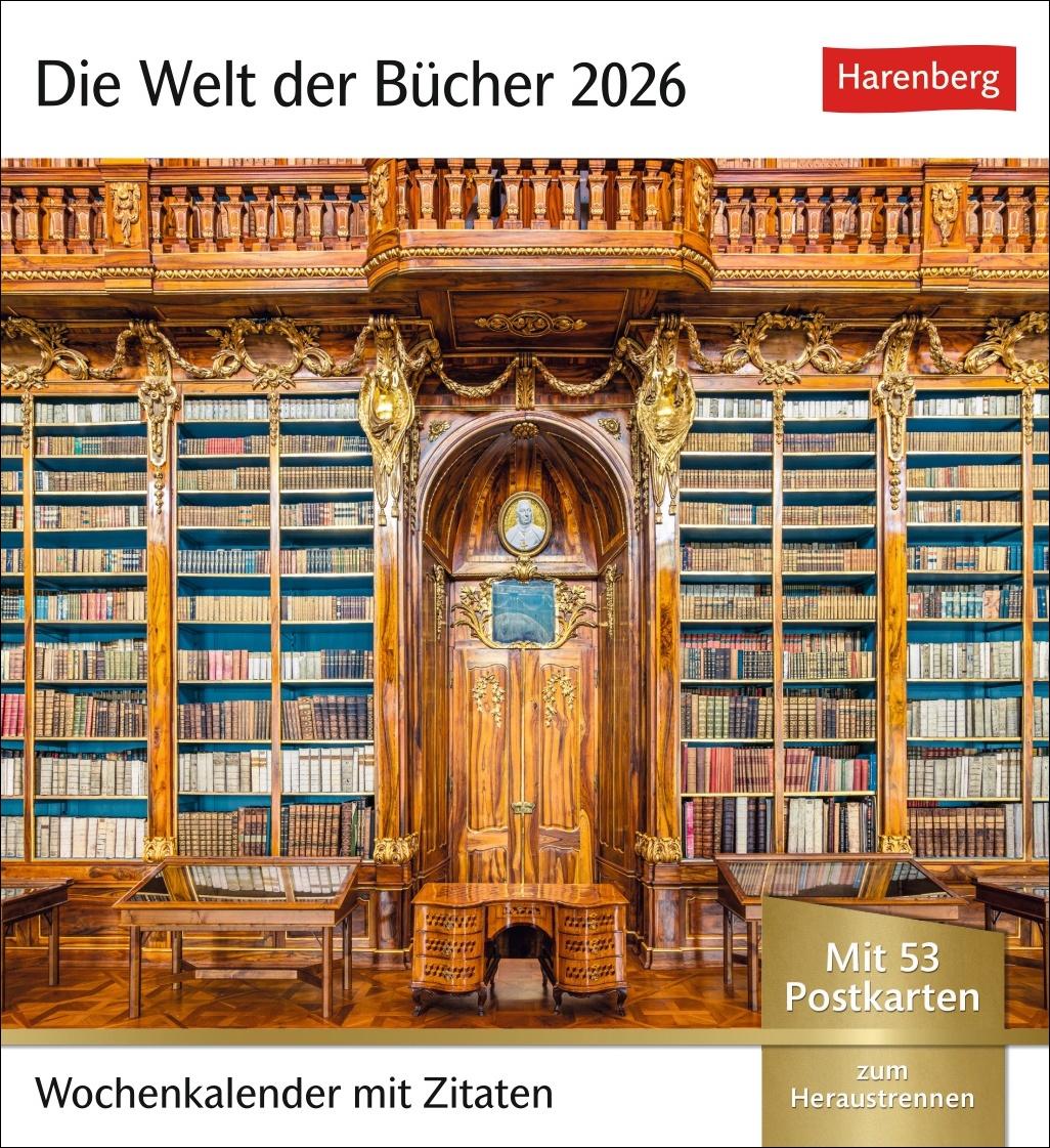 Vorderes Coverbild Die Welt der Bücher Postkartenkalender 2026 - Wochenkalender mit 53 Literaturpostkarten