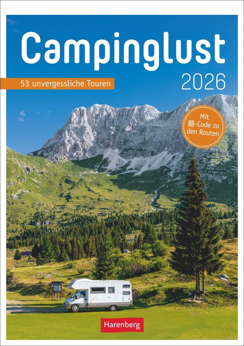 Vorderes Coverbild Campinglust Wochen-Kulturkalender 2026 - 53 unvergessliche Touren