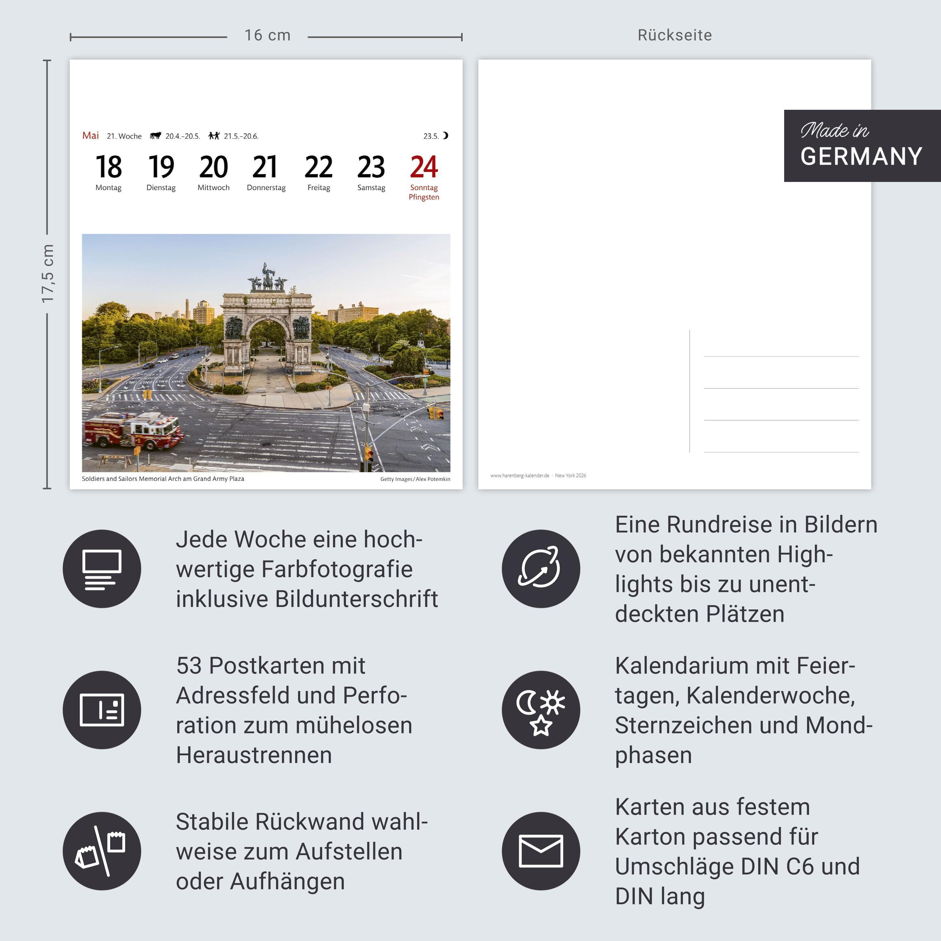 Beispielinhalt (Bild) New York Sehnsuchtskalender 2026 - Wochenkalender mit 53 Postkarten
