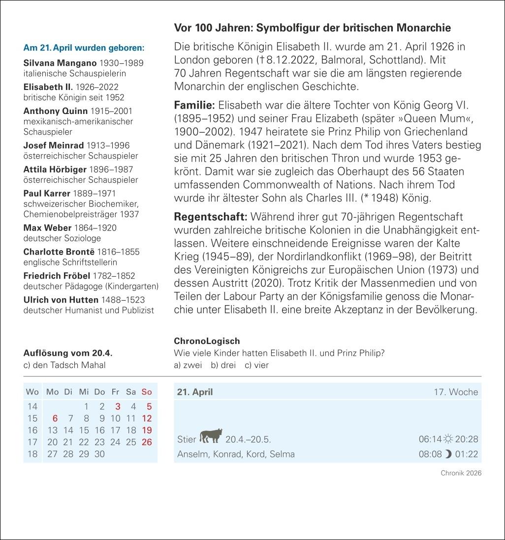 Beispielinhalt (Bild) Chronik Tagesabreißkalender 2026 - Kulturkalender - Personen, Ereignisse, Schauplätze