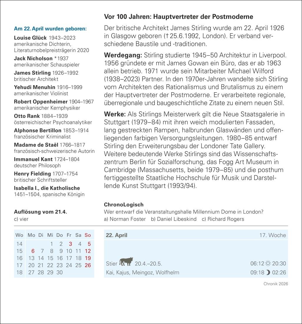 Beispielinhalt (Bild) Chronik Tagesabreißkalender 2026 - Kulturkalender - Personen, Ereignisse, Schauplätze