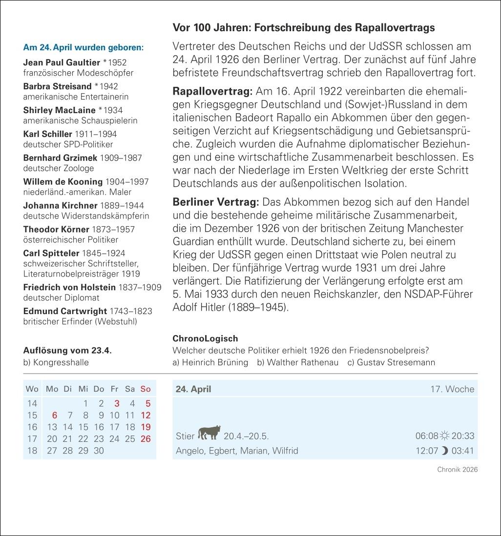 Beispielinhalt (Bild) Chronik Tagesabreißkalender 2026 - Kulturkalender - Personen, Ereignisse, Schauplätze